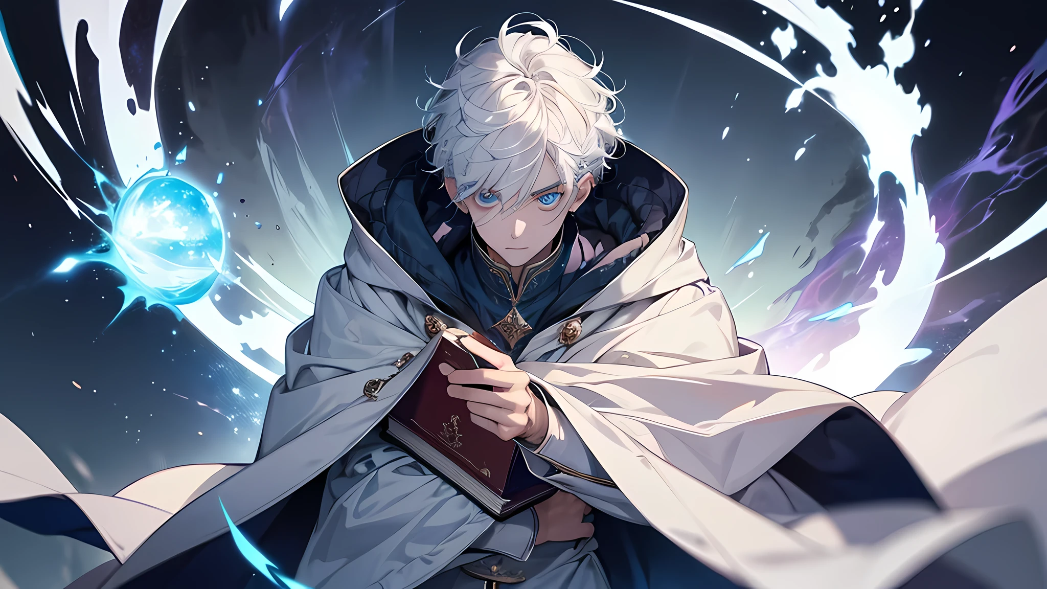 (absurdres, highres, ultra detailed), masterpiece, best quality, a boy with in white outfit, holding book, cape, wizard, solo, handsome, short hair, white hair, blue eye, glowing eye, glow effect, blue flame, finely eye, detailed face, spark, swirl, magic vortex, isolated land background, from below, look down, perfect face, perfect eyes, detailed face, detailed eyes