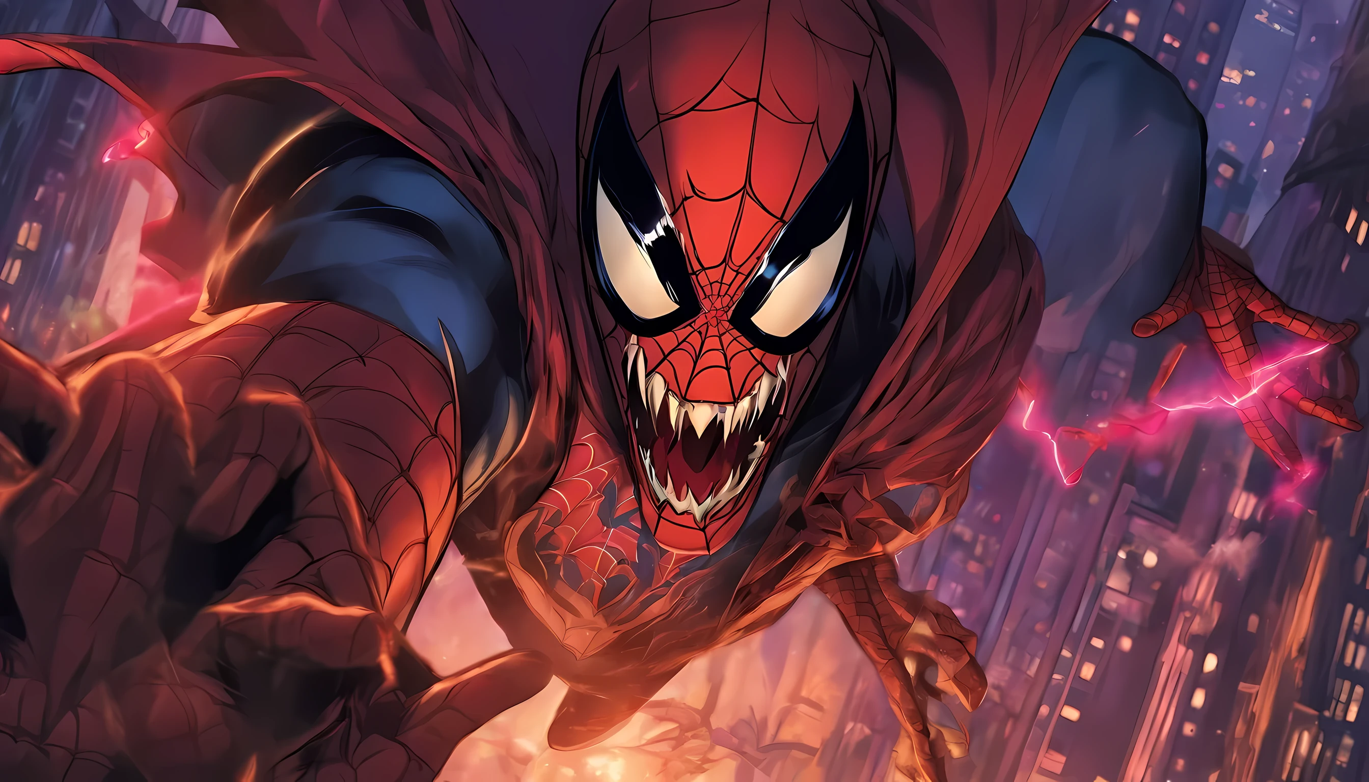 spider-man become a dracula and going to bite someone, half-body illustration