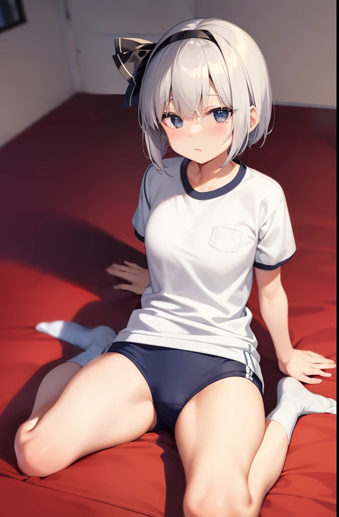 (long shot)、full body、gym uniform、white shirt、Youmu、飛び跳ねている、