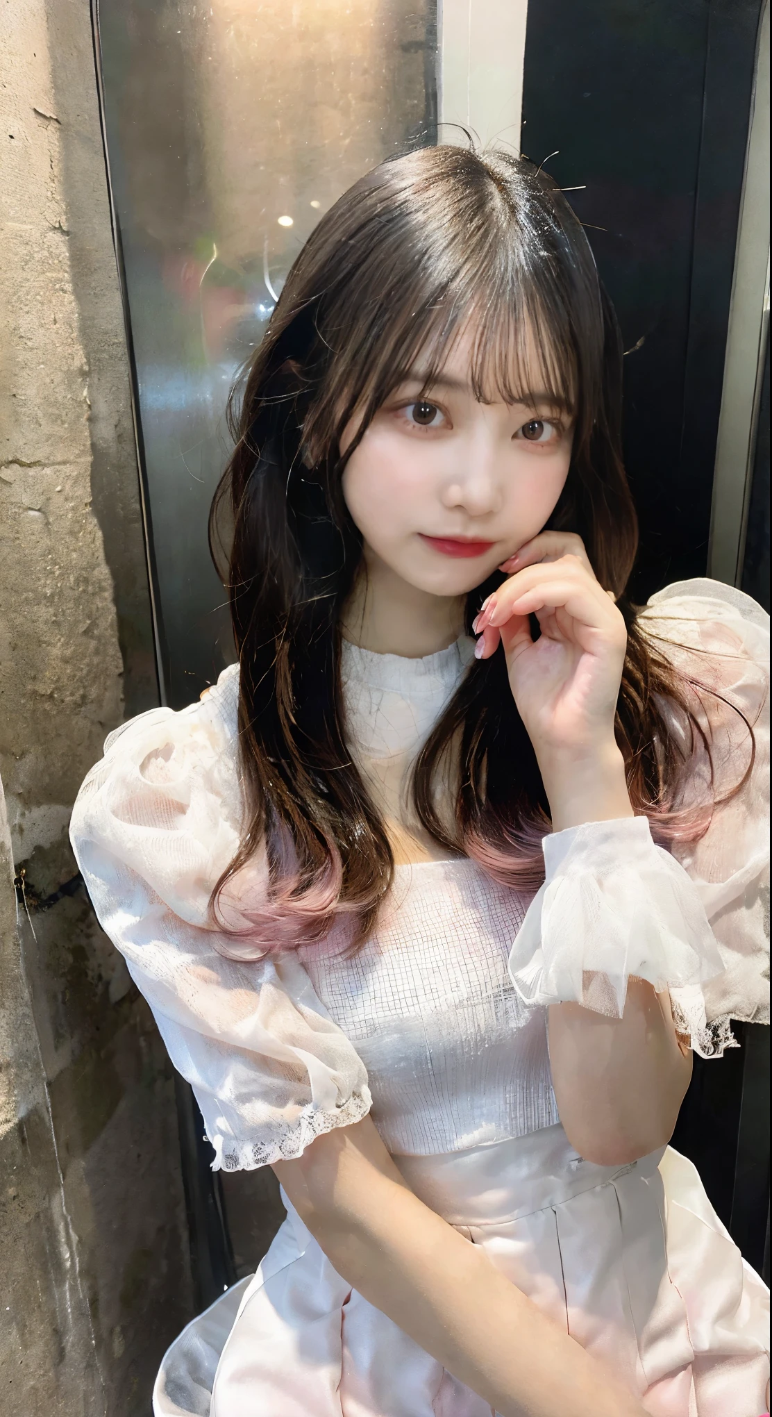 Clear system,White blouse,lower body pink miniskirt,whole body,half up,