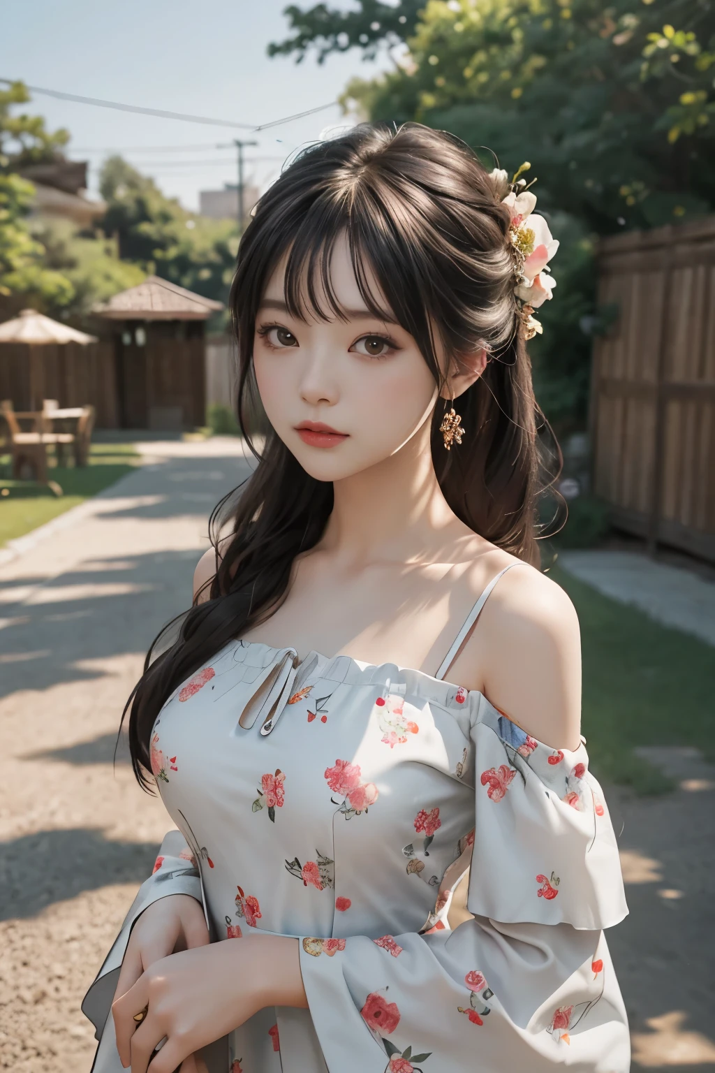 Top image quality、Raw photography、超A high Resolution、Shooting for one person only、tied hair, hair pin, big round chest、off shoulder floral print dress, Shiny hair、耳环、Close-up shooting of breasts, backyard background