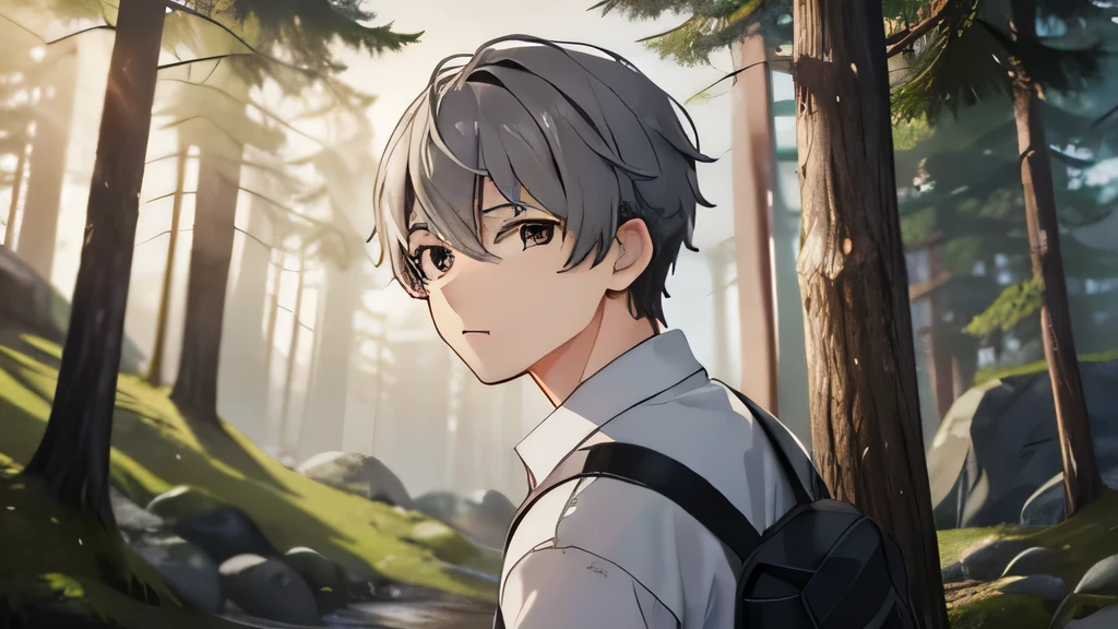 masterpiece, highest quality, , 1 boy, alone, male focus, looking at the viewer, , written boundary depth, , from a little far away、 gray hair, brown eyes、camp、forest、