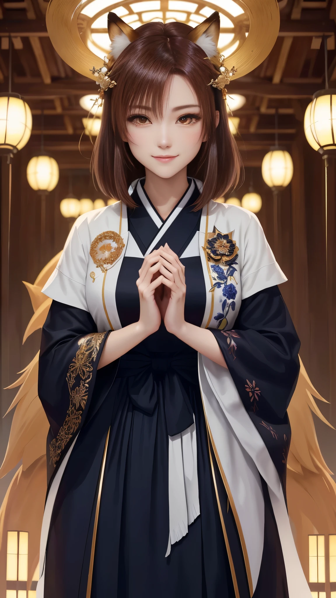 masterpiece , best quality,close up of face,smile,the whole body is facing forward,bright fox hair,brown eyes,sharp contrast,short hair,美しいフォルムのshort hair,just one person,precision quality,, masterpiece, japanese architectureの背景,beautiful details, colorful, delicate details, delicate lips, intricate details, genuine, ultrargenuineista, 枝に座っている色とりどりの髪のFoxを持つ女の子:Mature, bright eyes, ,色とりどりのFox, raposa de nine tails, 三尾Fox, 三尾Fox, onmyoji detail art, beautiful fine art illustration, mythical creatures, Fox, beautiful digital art,shrine maiden,japanese architecture,hold hands,exquisite digital illustration, mizutsune, Inspired by mythical wild web creatures, pixiv in digital art, shining light, high contrast, Mysterious,
