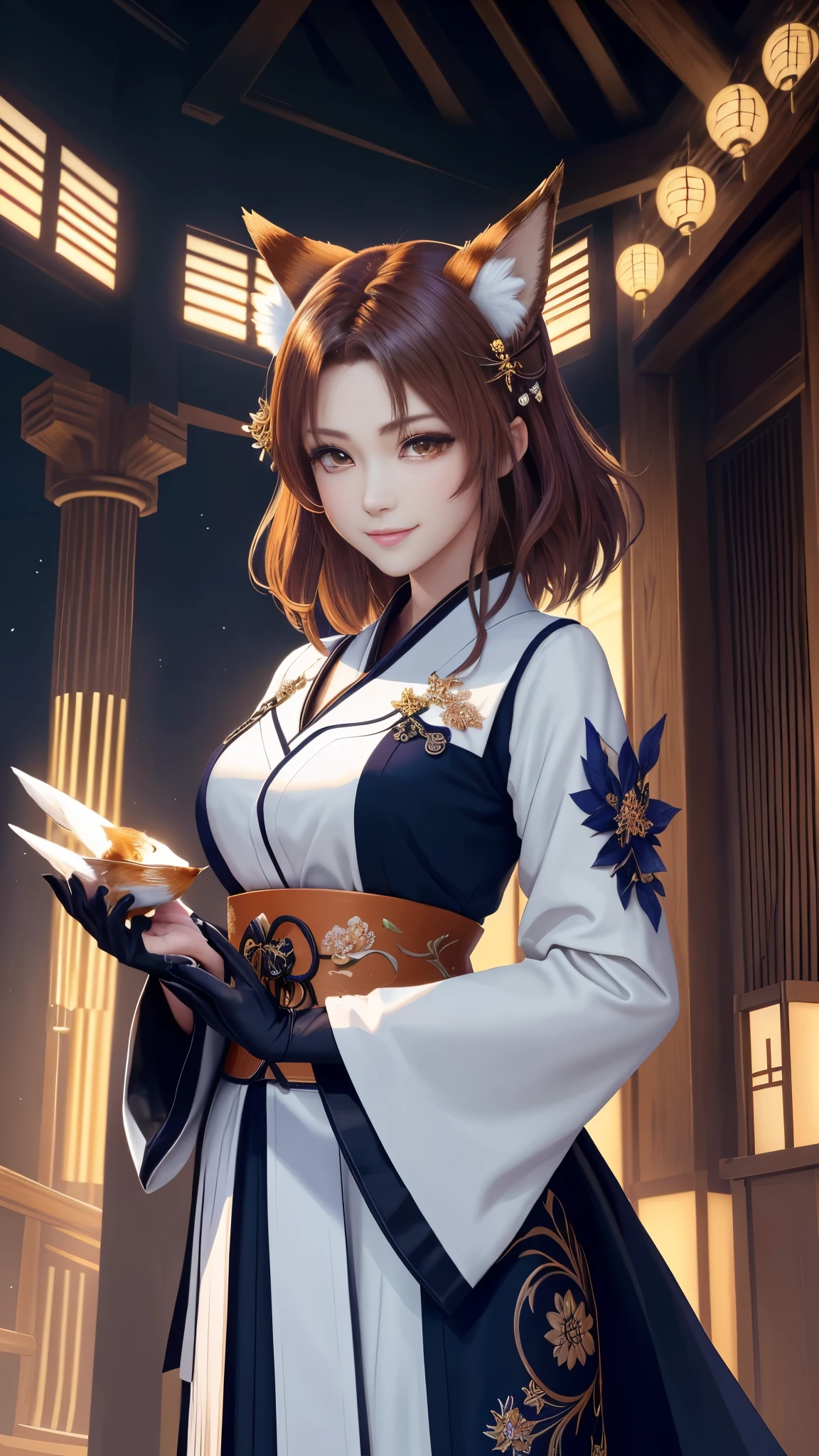 masterpiece , best quality,close up of face,smile,the whole body is facing forward,bright fox hair,brown eyes,sharp contrast,short hair,美しいフォルムのshort hair,just one person,precision quality,, masterpiece, japanese architectureの背景,beautiful details, colorful, delicate details, delicate lips, intricate details, genuine, ultrargenuineista, 枝に座っている色とりどりの髪のFoxを持つ女の子:Mature, bright eyes, ,色とりどりのFox, raposa de nine tails, 三尾Fox, 三尾Fox, onmyoji detail art, beautiful fine art illustration, mythical creatures, Fox, beautiful digital art,shrine maiden,japanese architecture,hold hands,exquisite digital illustration, mizutsune, Inspired by mythical wild web creatures, pixiv in digital art, shining light, high contrast, Mysterious,