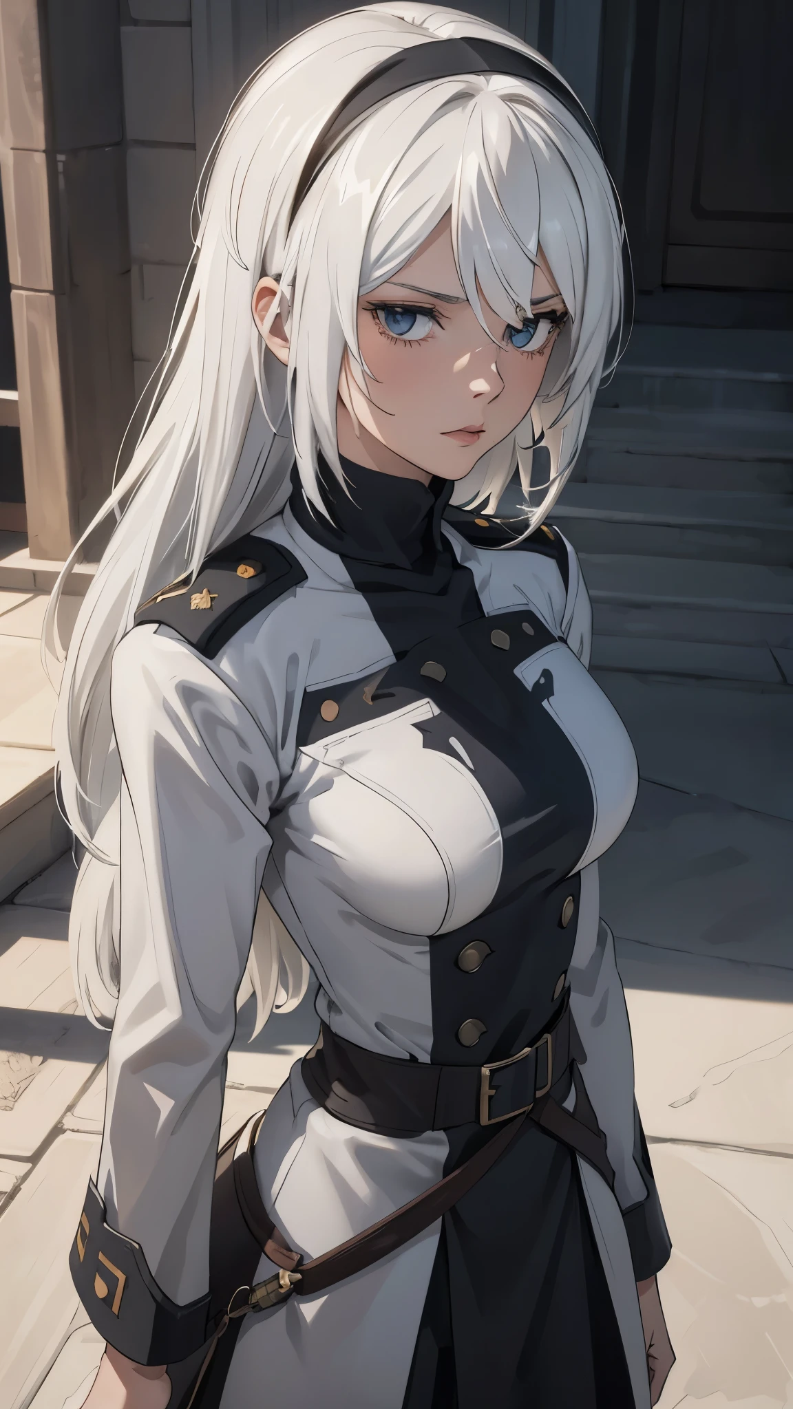 (extremely detailed CG unity 8k wallpaper), (masterpiece), (best quality), (ultra-detailed), (best illustration), (best shadow), (absurdres), 2b, 1girl, long hair, white hair, solo, Intimidating women, admiral uniform, night, hero pose, white clothes, General Uniform, Military Uniform, Sunlight, exposed to sunlight,commander, fighting pose, tired face, bleeding