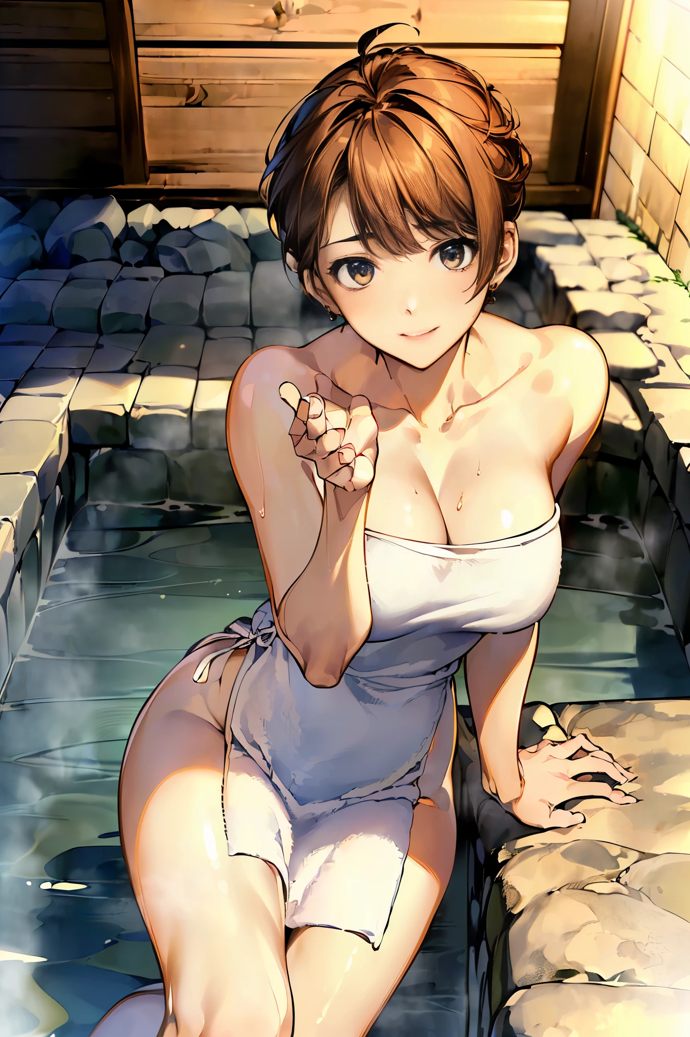 ((highest quality、8K、masterpiece:1.3)), (short hair, beautiful hairstyle, brown hair:1.5)、(open-air bath:1.2), (Soak in a hot spring:1.3), clear, fine-textured skin、beautiful clear eyes、cleavage、((attractive appearance))、(thin waist:1.3)、(Dynamic and seductive poses:1.5), ((wrap a bath towel around your body)), get wet, (Kamimei), earrings