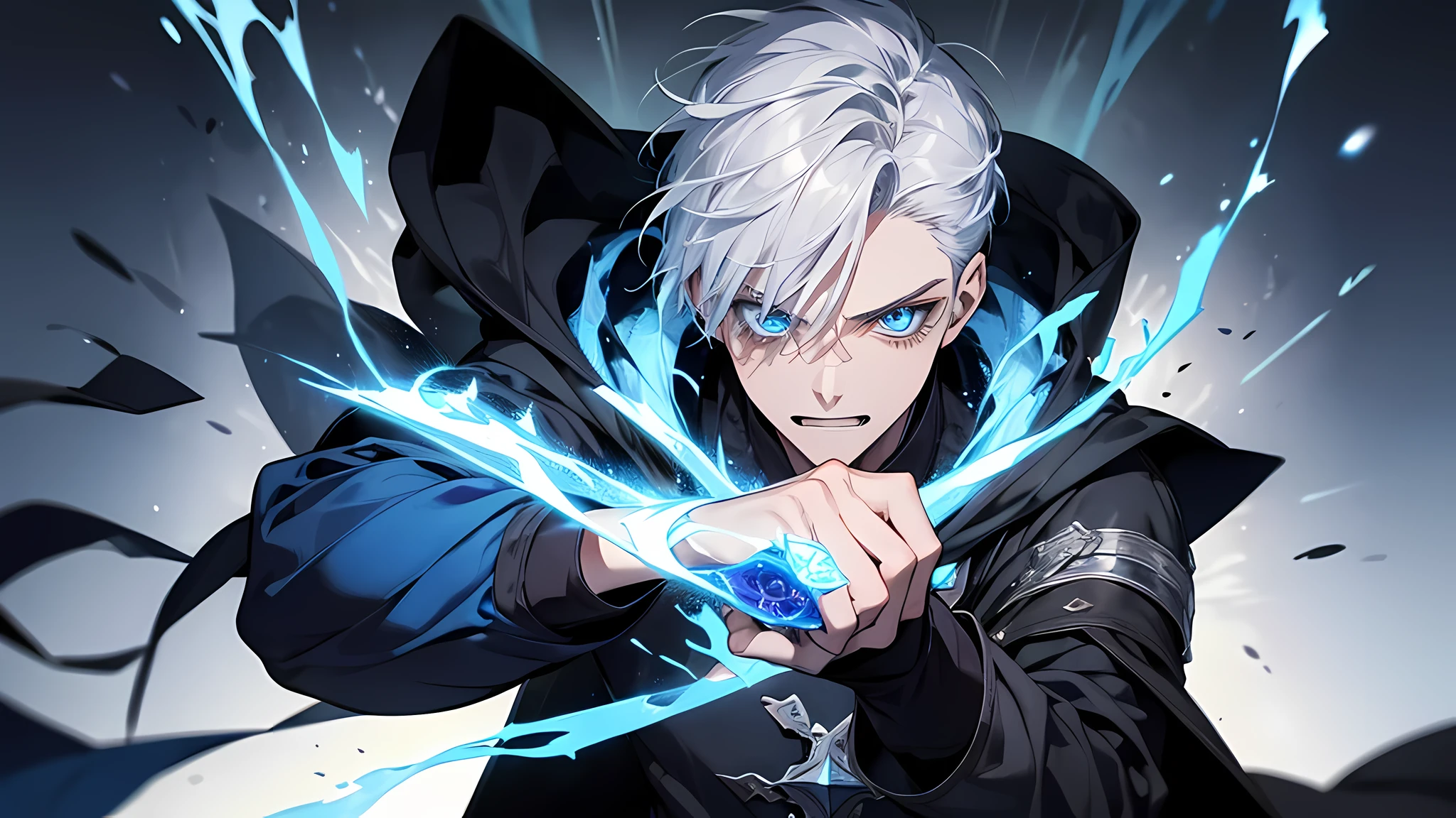 Young guy, short silver hair, blue eyes, The Dark Wizard's Uncovered Mantle, blue fire, Tatoo, Runes, combat stance, Crazy laughter, Masterpiece, hiquality, perfect eyes, perfect face, detailed face, Levels and abilities rose sharply. It felt like I could pour something powerful. I surrendered myself to that feeling.