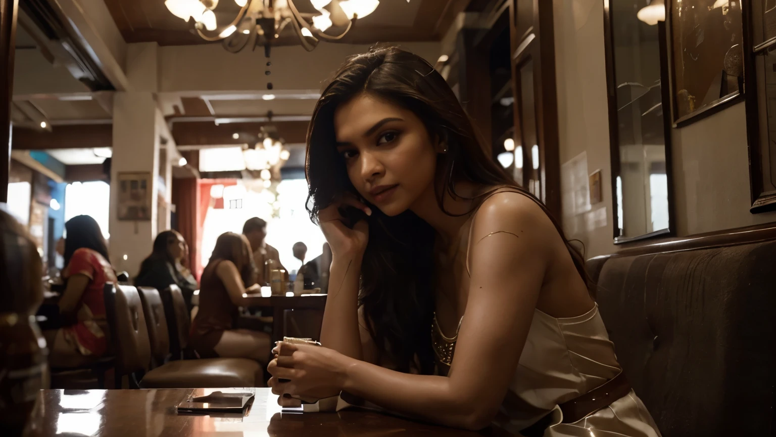 Natasha's (played by indian actress Deepika padukone) who is wearing a beautiful western dress, sitting in a cafe, her mobile phone buzzes with a message from a colleague, a tentative olive branch extended in the aftermath of their confrontation. The gesture is a small glimmer of hope amidst the wreckage of broken relationships. distant-shot showing all the elements around, ultra-wide shot, Ultra realistic, cinematic quality, 4k