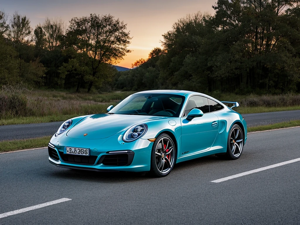 porsche 911 at sunset, on a mountain road,