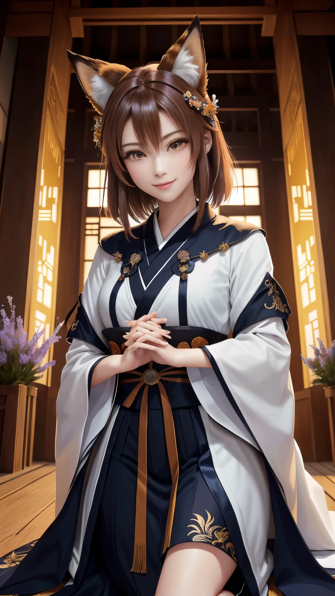 masterpiece , best quality,close up of face,smile,the whole body is facing forward,bright fox hair,brown eyes,sharp contrast,short hair,美しいフォルムのshort hair,just one person,precision quality,, masterpiece, japanese architectureの背景,beautiful details, colorful, delicate details, delicate lips, intricate details, genuine, ultrargenuineista, 枝に座っている色とりどりの髪のFoxを持つ女の子:Mature, bright eyes, ,色とりどりのFox, raposa de nine tails, 三尾Fox, 三尾Fox, onmyoji detail art, beautiful fine art illustration, mythical creatures, Fox, beautiful digital art,shrine maiden,japanese architecture,hold hands,exquisite digital illustration, mizutsune, Inspired by mythical wild web creatures, pixiv in digital art, shining light, high contrast, Mysterious,
