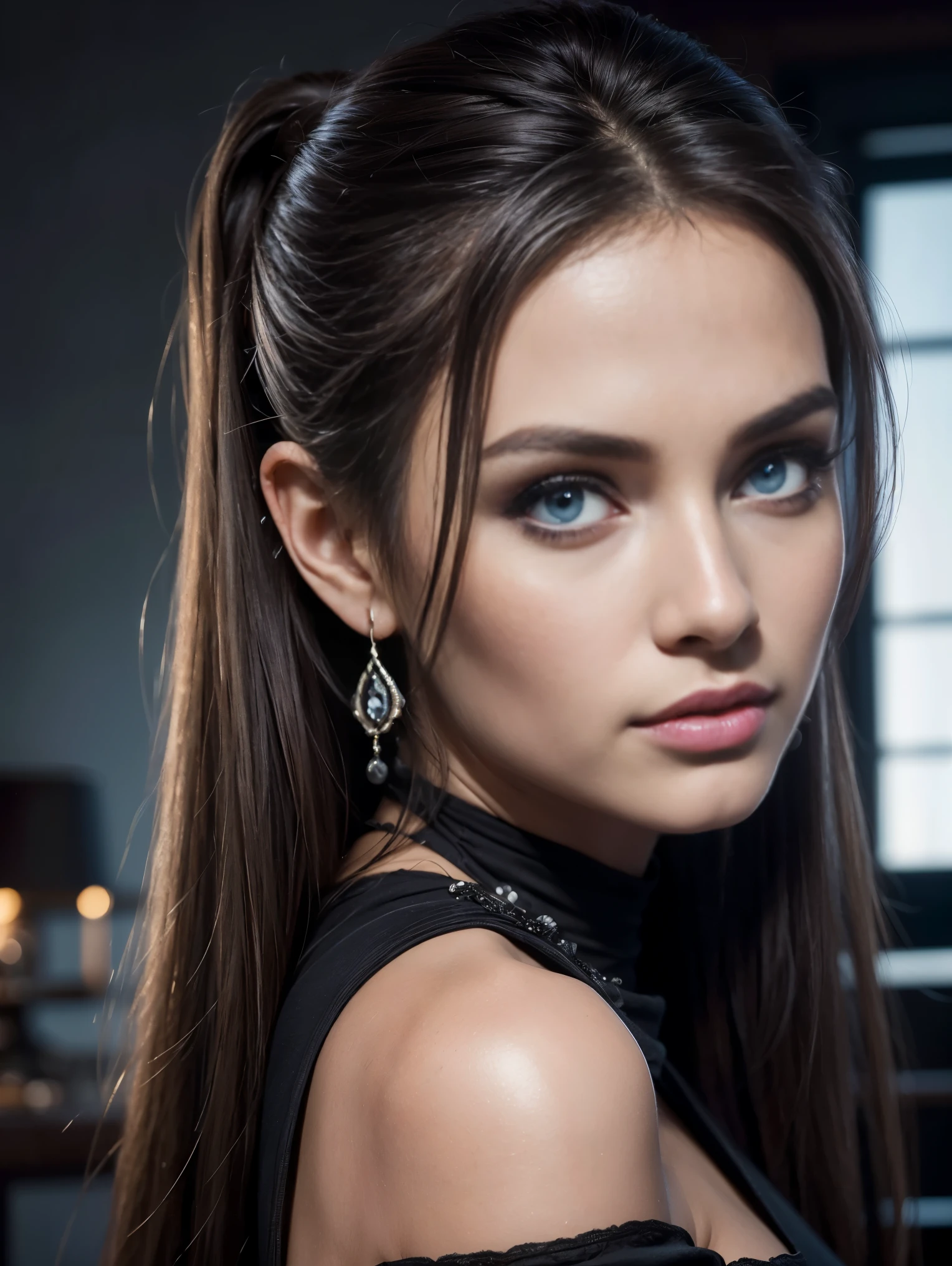 (best quality), (masterpiece), (high resolution), (intricate details:0.2),(professional lighting), room, detailed background, over sized black t shirt, off shoulder, (previous view), 1girl, solo, (beautiful face:1.40), slim body, fine skin, smile, long ponytail brown hair, sky blue eyes, (Medium beasts:1.10), see at viewer,
