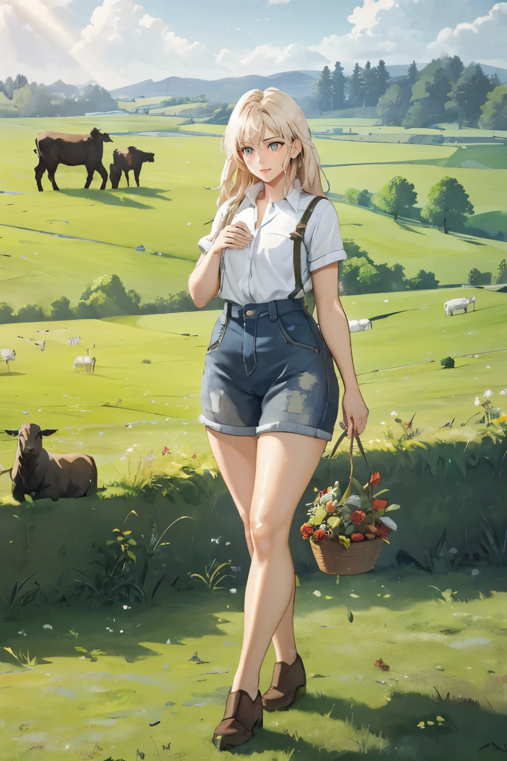 ((full body)), Immerse yourself in the rustic charm of farm life as you create a beautiful and realistic image of a Woman working in a vast field, surrounded by cows. Showcase the serene countryside ambiance, capturing the girl's dedication and connection to the land as she tends to the animals and nurtures the agricultural bounty. ray trace, (brightening light:1.2), (Increase quality:1.4), (best quality real texture skin:1.4), finely detailed eyes, finely detailed face, finely quality eyes, (tired and sleepy and satisfied:0.0), beautiful clothes, (Increase body line mood:1.1), (Increase skin texture beauty:1.1) (full-body)