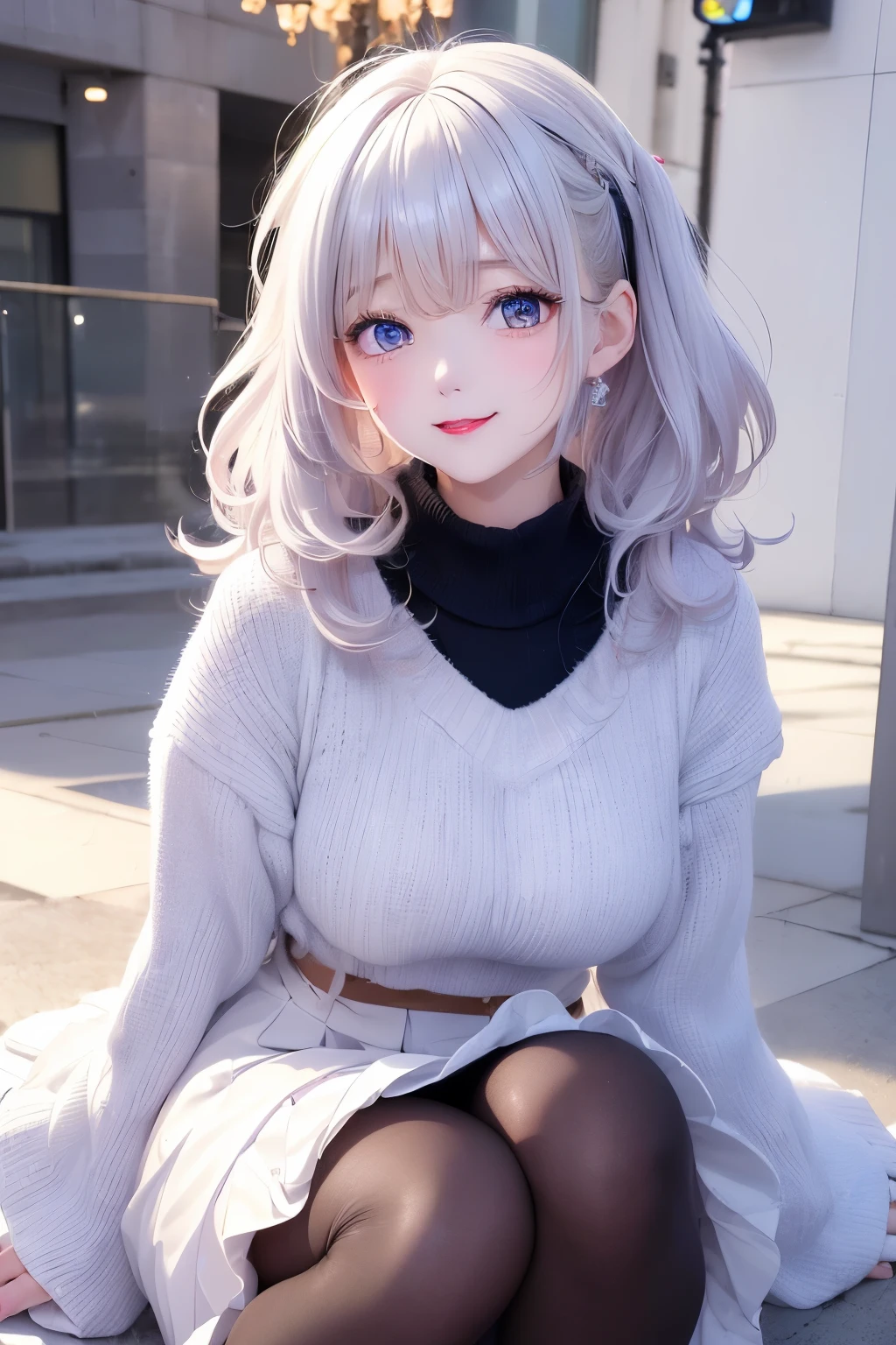 blush a little and smile, (Top quality masterpiece:1.2) Delicate illustrations, Very detailed, /Beautiful Japanese Women、1 person,Very cute and slim、Great style 、((8K images、super high quality))、Very delicate face, Skin and Hair、beautifule forehead、Red lipstick、(((((Shortcuts、Silver Hair))))),Very cute Japanese cut face、Eyes and nose are clearly visible、Kind eyes,((((Casual Fashion))))