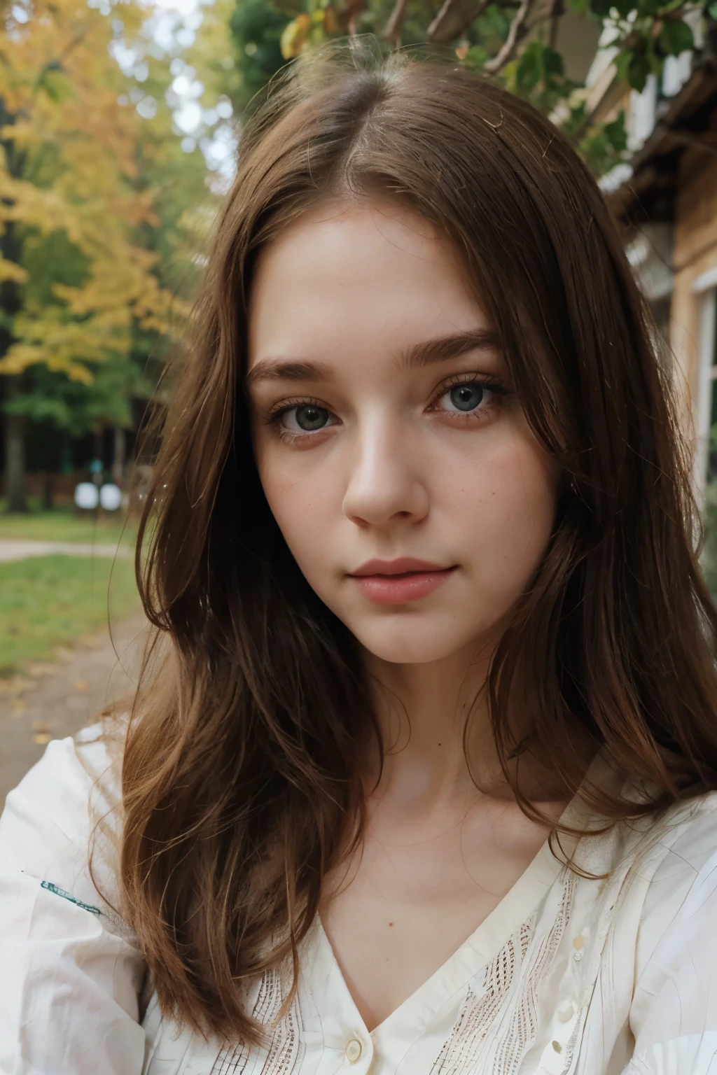 European girl with brown hair, blue eyes, long hair, beige blouse in vintage style, pretty face, pale face, beautifully styled hair, thin lips, rosy cheeks, selfie, green leaves in the background