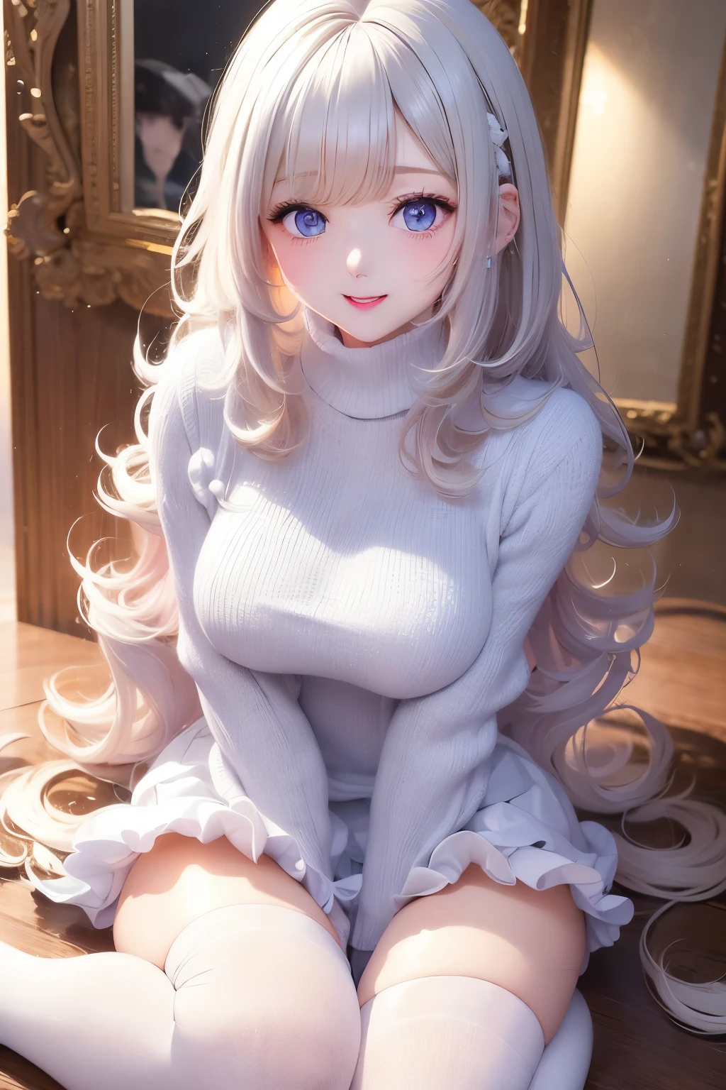 best quality, 32k, RAW photo, incredibly absurdres, extremely detailed, delicate texture, cute woman, (fluffy layered side blow flowing glossy medium hair), wearing fluffy long-pile knit sweater, fluffy skirt, skirt lift, pantyhose, fluffy long boots, superlative body proportion, background iridescent pastel color
