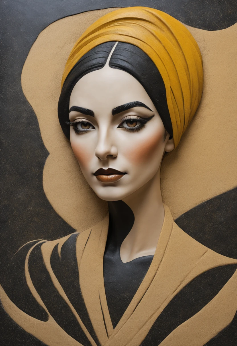 A painting depicting a stylized portrait of a woman is painted on dark marble with sand, sand painting, sand art, dark marble and yellow sand