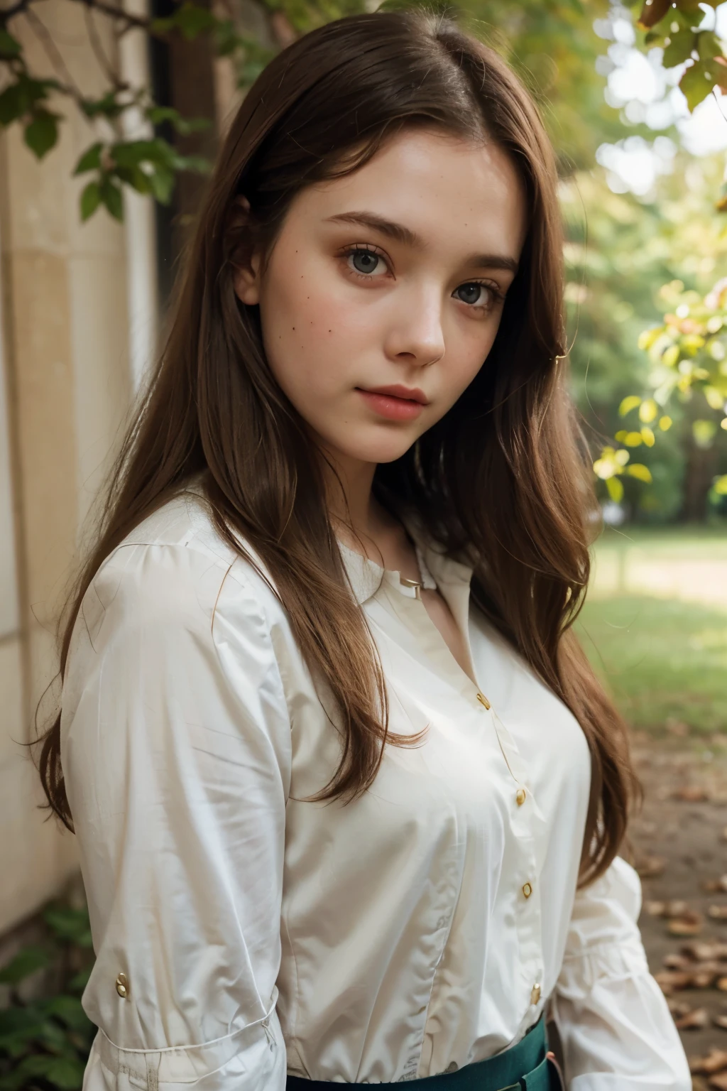 European girl with brown hair, blue eyes, long hair, beige blouse in vintage style, pretty face, pale face, beautifully styled hair, thin lips, rosy cheeks, selfie, green leaves in the background