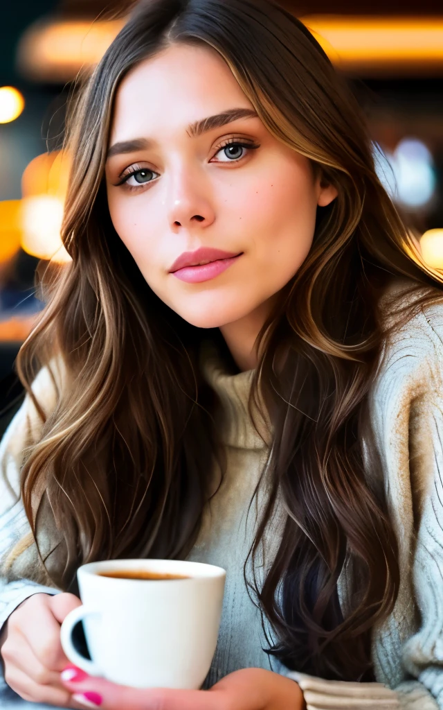 beautiful brunette Elizabeth Olsen wearing beige sweater (holding a cup of coffee inside a modern café at sunset), very detailed, 21 years old, innocent face, natural wavy hair, blue eyes, high resolution, masterpiece, best quality, intricate details, highly detailed, sharp focus, detailed skin, realistic skin texture, texture, detailed eyes, professional, 4k, charming smile, filmed in Canon, 85mm, shallow depth of field, kodak vision color, perfect fit body, extremely detailed, foto_\(ultra\), photorealistic, realistic, post-processing, maximum detail, roughness, real life, ultra realistic, photorealism, photography, 8k uhd, photography