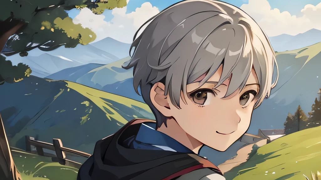 masterpiece, highest quality, , outside view、1 boy, alone, male focus, looking at the viewer, written boundary depth, , gray hair, brown eyes、camp、gentle smile、shoot from the side