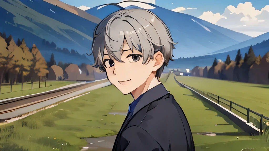 masterpiece, highest quality, , outside view、1 boy, alone, male focus, looking at the viewer, written boundary depth, , gray hair, brown eyes、camp、gentle smile、shoot from the side