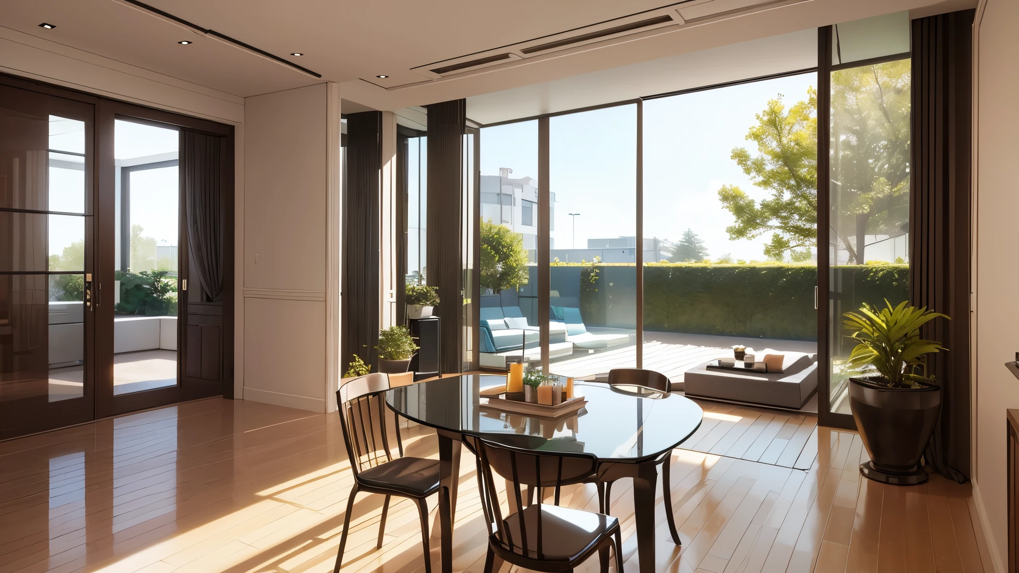 You are a famous interior designer、You have been asked to create a 3D image of a modern large room. Create a harmonious environment with modern and minimalist furniture. Including garden interior.