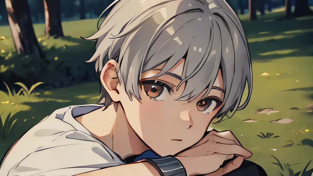 masterpiece, highest quality, , 1 boy, alone, male focus, looking at the viewer, , written boundary depth, , gray hair, brown eyes、camp、cowboy shot