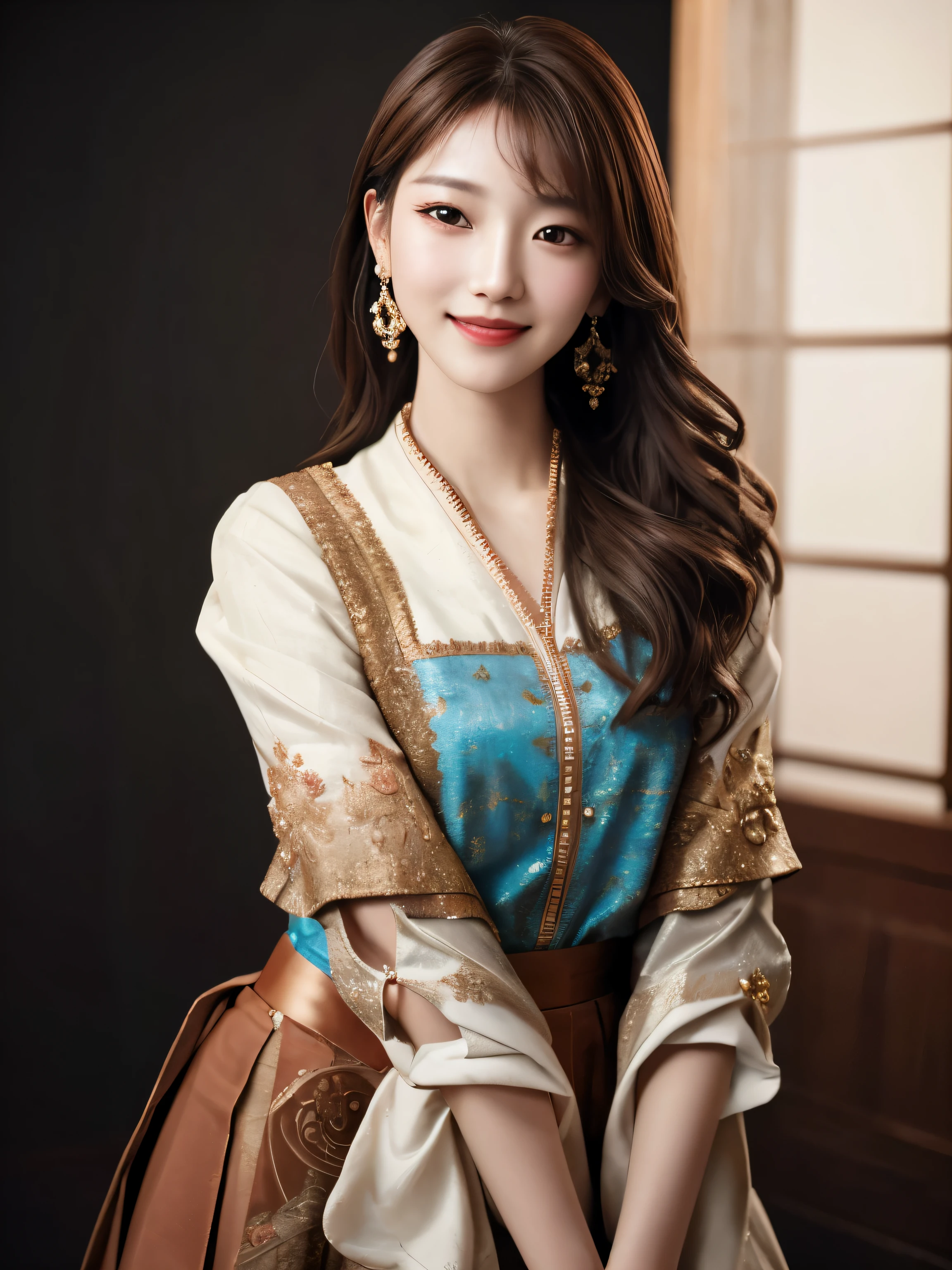 Kushoami girl, 1 girl, (smile), Photo Art, blurred background, brown eyes, brown hair, earring, decorate, lips, lip makeup, skirt, alone, Beautiful photos with beautiful saturation., Ultra high resolution,(realistic:1.4)),deep shadow,(best quality, Masterpiece), Pale skin, The light is dim.., shade, confused, Blush, Highly detailed, ((upper body:0.8)), thin, BREAK depth of field, Film texture, wrinkled skin, Look at the viewer., knee, warm smile, (Masterpiece,best quality:1.5) Masterpiece,ultra realistic,32ก,Very detailed CG unity 8k wallpaper.., best quality, (upper body:1.2)
