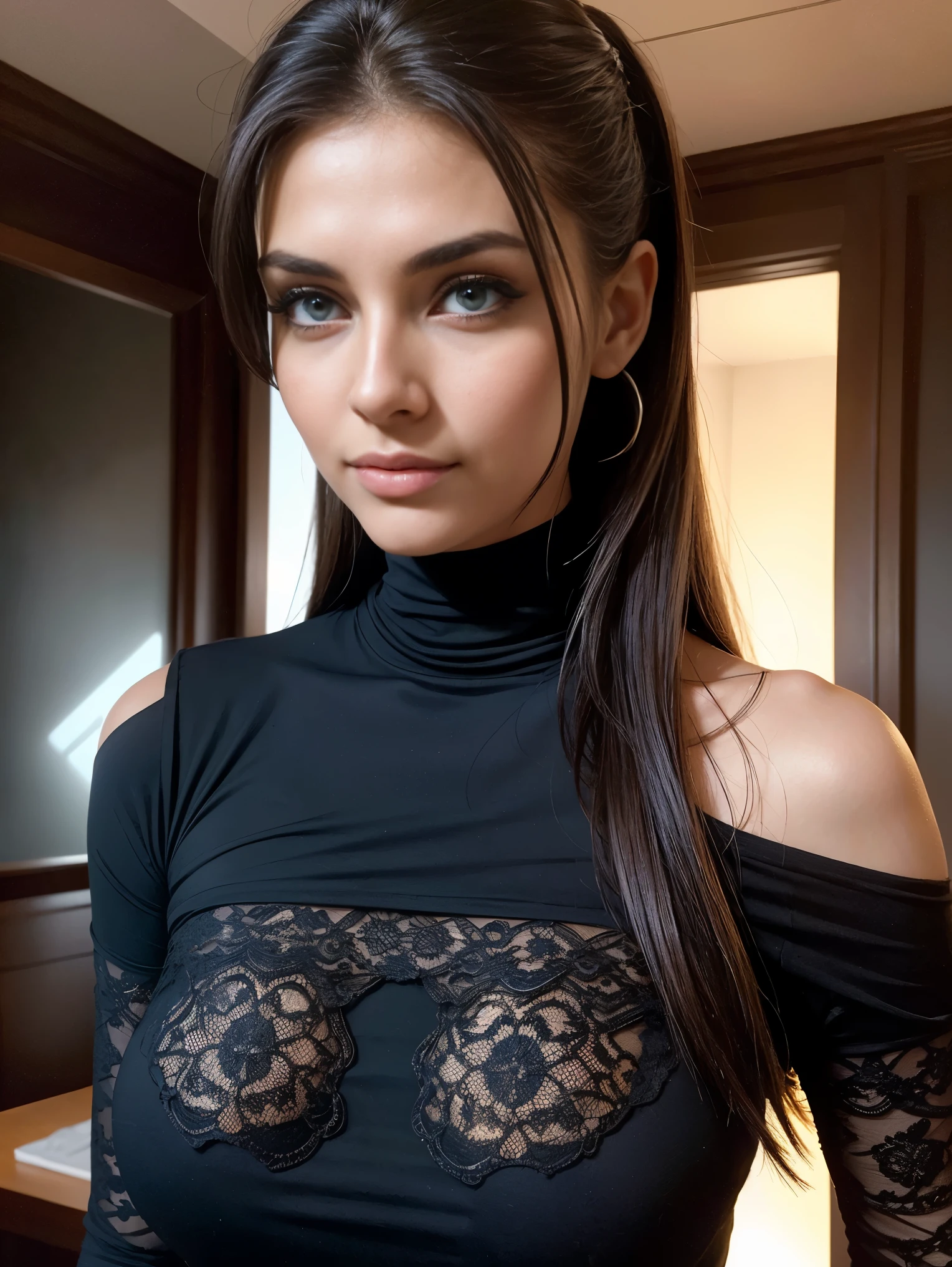 (best quality), (masterpiece), (high resolution), (intricate details:0.2),(professional lighting), room, detailed background, over sized black t shirt, off shoulder, (previous view), 1 ultra hot gorgeous European woman. She’s a playmate, men magazine model. Age 23. solo, (beautiful face:1.40), slim body, fine skin, smile, long ponytail brown hair, sky blue eyes, look at viewer,