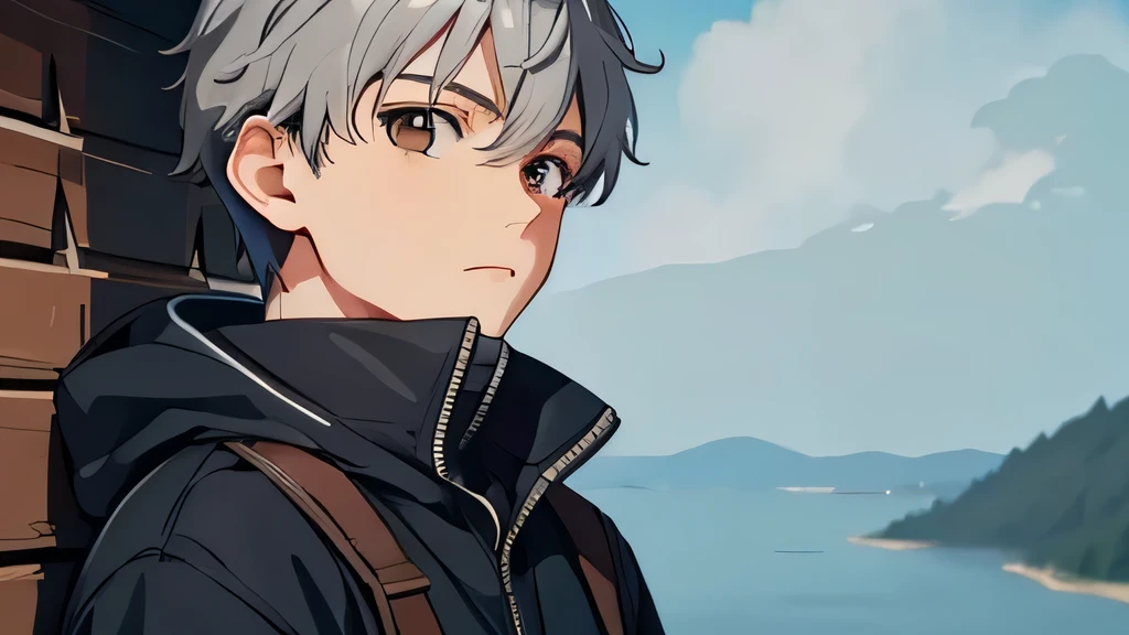 masterpiece, highest quality, , 1 boy, alone, male focus, looking at the viewer, , written boundary depth, , gray hair, brown eyes、camp、medium range shooting