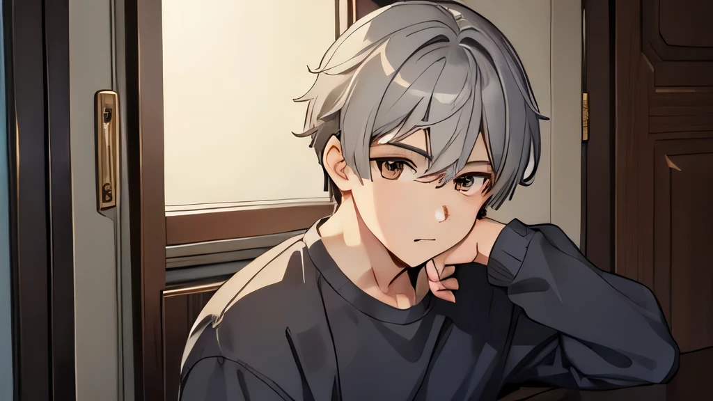 masterpiece, highest quality, , 1 boy, alone, male focus, looking at the viewer, , written boundary depth, , gray hair, brown eyes、camp、from the waist up