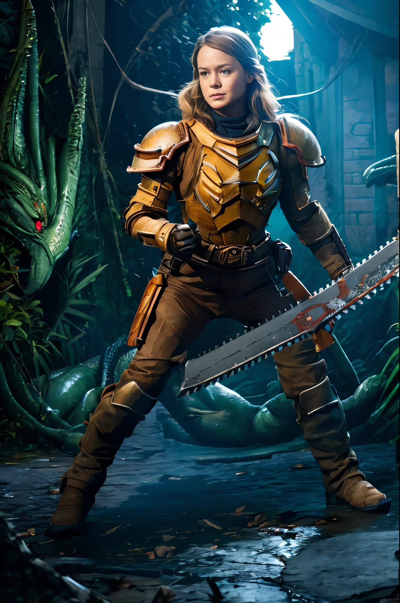Brie Larson (age 25), is playing a warhammer 40k Sister of Battle, she is wielding a chainsword (chainsaw|sword) battling a Tyranid (alien|bug), horror, action