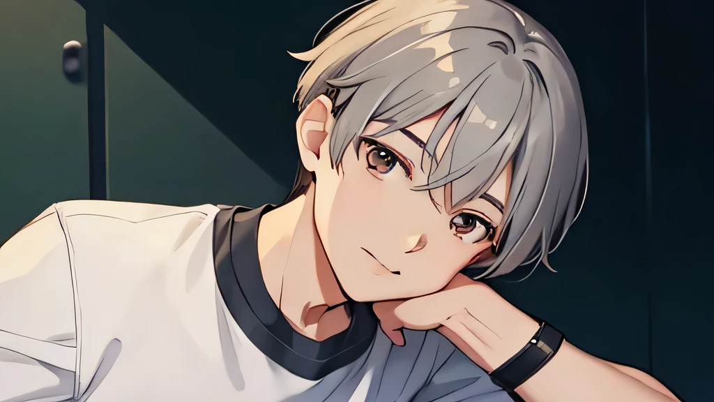 masterpiece, highest quality, , 1 boy, alone, male focus, looking at the viewer, , written boundary depth, , gray hair, brown eyes、camp、from the waist up、just a little smile