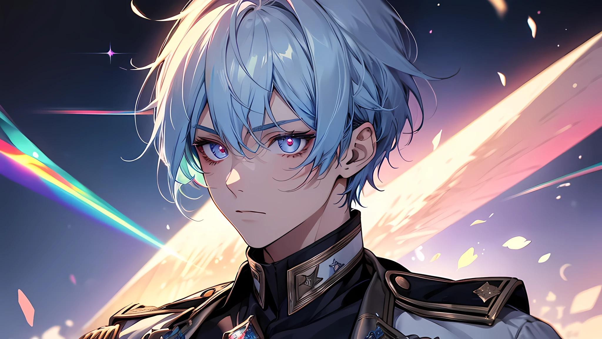 (Fine, Clear Image, Super Resolution, Extremely Amazing Detail, Awesome Detail), Subsurface Scattering, Masterpiece, Best Quality, High Quality, 1 boy, Solo, Bust, Straight Vision, Prism Eye, Prism Hair, Prism, 1 young boy, Serious, [Silver | White] + (Blue: -0.3) Hair, Blue + Red Eyes, Gradient Eyes, Multicolored Eyes, Calm, , Uniform, Glow, Glow Eyes, Glow White Particles, Glitter, Bloom, Fantasy

