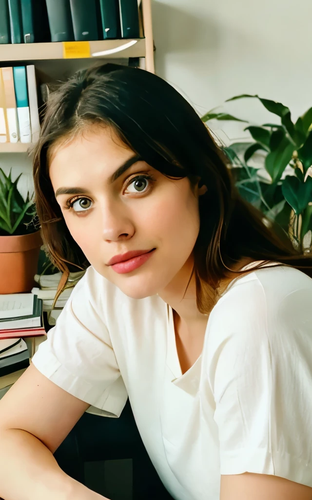 Alexandra Daddario, suggestively smiling, sitting in an office, (kodak disposable camera), detailed eyes, detailed lips, detailed eyebrows, beautiful portrait, high-res photo, vibrant colors, natural lighting, vintage style, retro vibe, filmic look, cozy atmosphere, relaxed posture, confident expression, stylish clothing, professional setting, desktop computer, books on the shelf, art decorations, potted plants, warm tones, soft focus, modern interior design