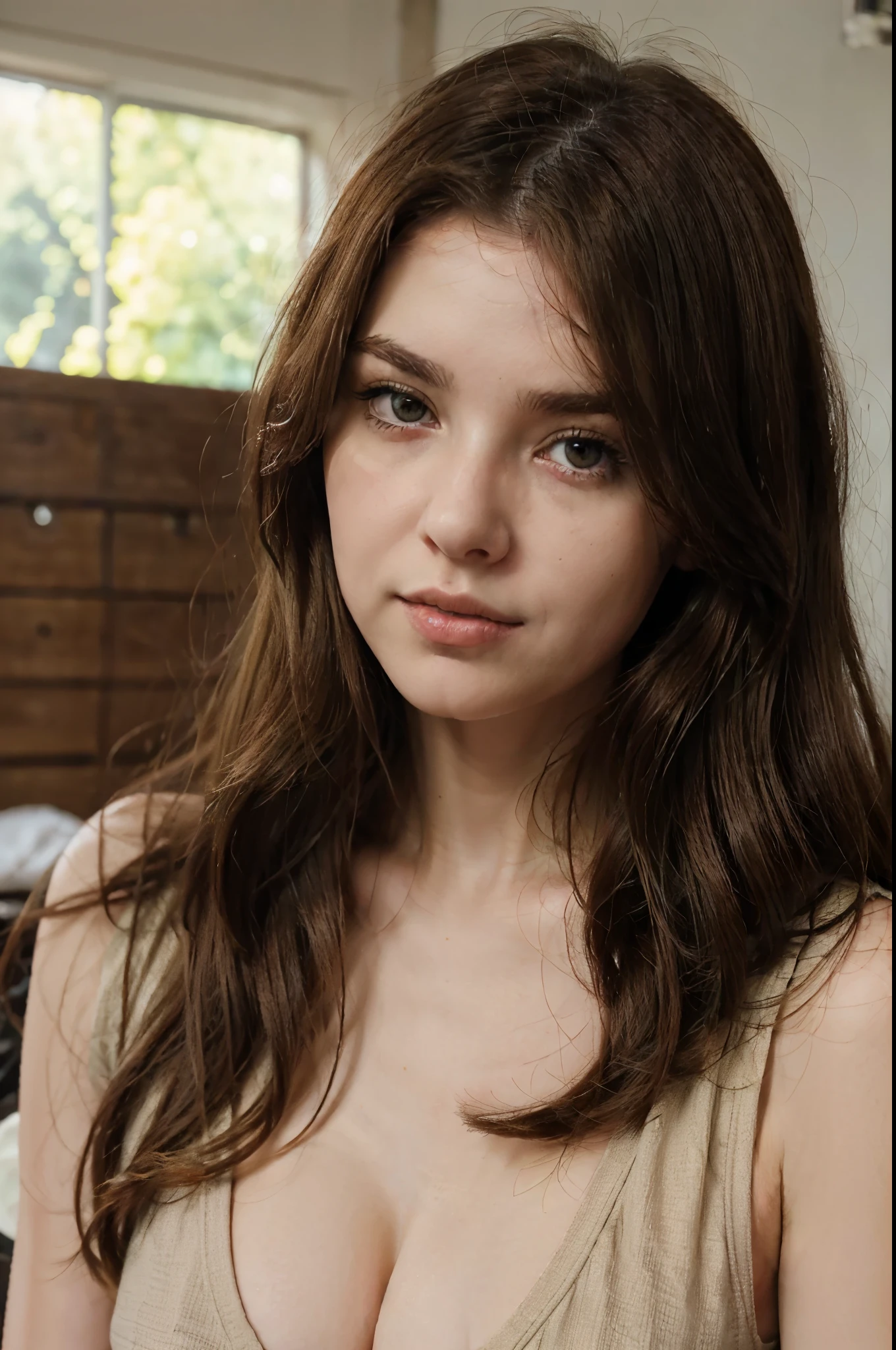 European girl with brown hair, grey  eyes, long hair, beige blouse in vintage style, pretty face, pale face, beautifully styled hair, thin lips, rosy cheeks, selfie, green leaves in the background beautiful succubus, grey eyes, (derevschikova: 1.4), beautiful alluring , perfect nose, ultra beautiful, with her long, perfect beautiful, realistic , epic beautiful, 8k, fuji xt3, not cropped, premium wide open city ” large dd cup breasts
