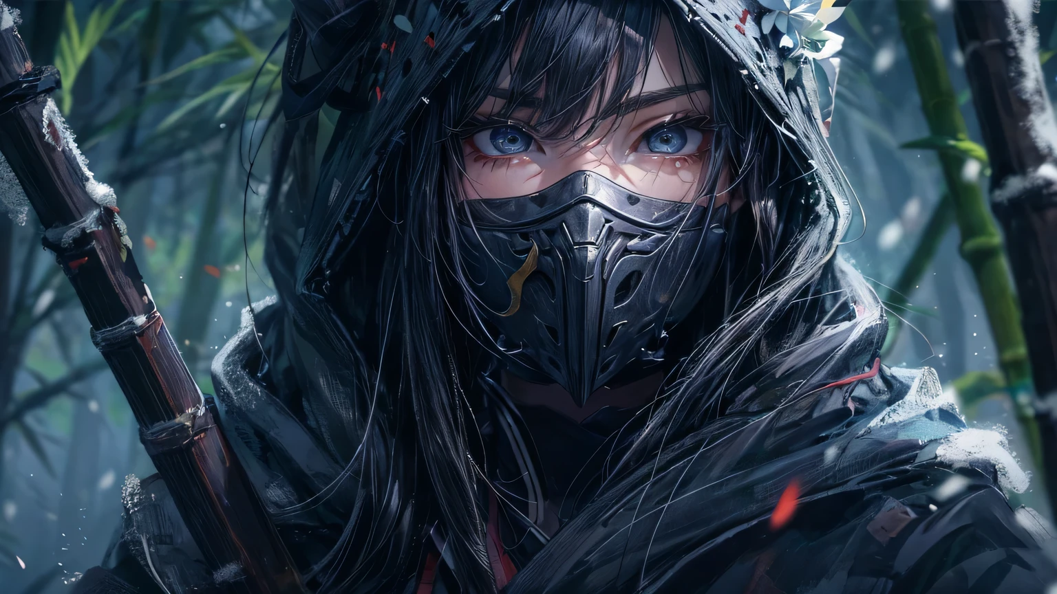 4K, realistic, in great detail, dark night, ((very delicate eyes)) Blind eyes, There is a girl in the bamboo forest, she is a ninja, Sharp eyes behind the mask covering the face, super big, big bust, He holds two delicate-looking daggers in both hands., Two hands holding a dagger in front of me, soft clothes, long hair, wearing a bikini, ninja outfit, 25 years old, whole body