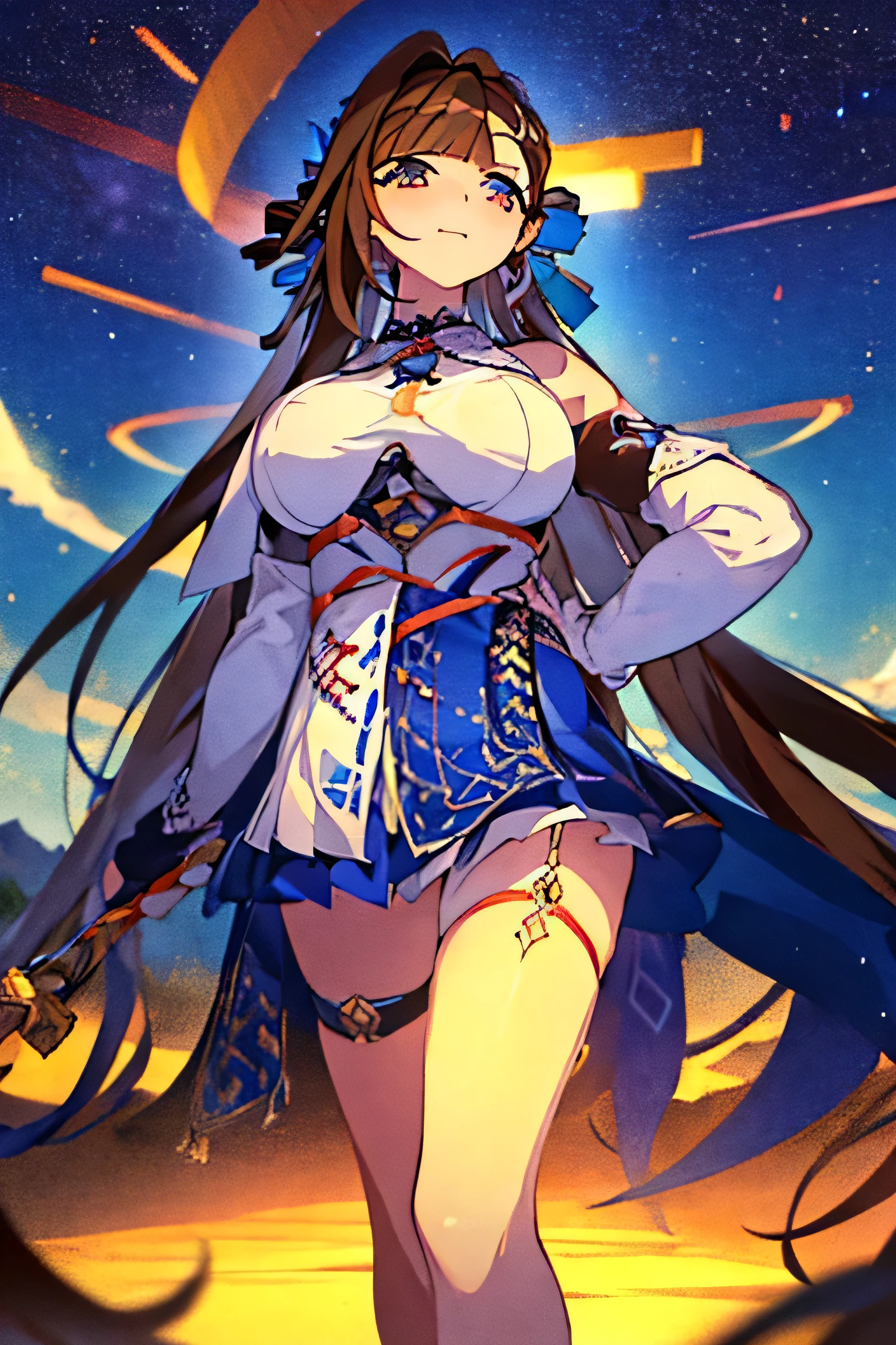 8k, masterpiece, high-quality, anime girl, solo, single, long brown hair, one-handed sword, blue hair tie, big , azur lane style, magnificent, ancient Chinese background, Li Sushang, cultivator, Honkai: Star Rail, Sushang,
