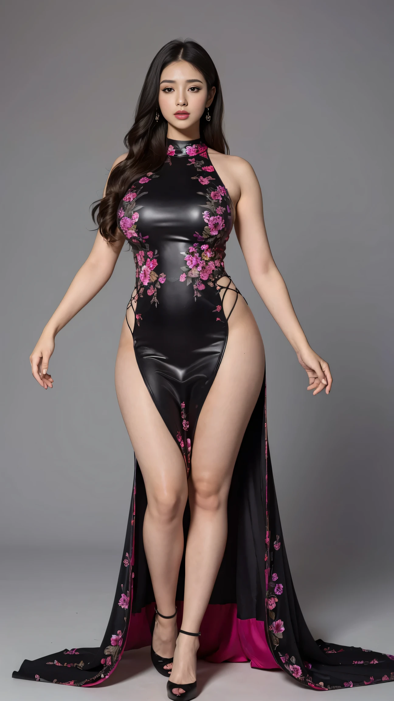 (best quality, ultra-detailed, realistic:1.37),portrait,voluptuous woman,flower,tight dress, Random dress color, passionate look,large buttocks,vibrant colors,soft lighting, standing, full body view, extreme tall, long legs, very tall, tall, black skin