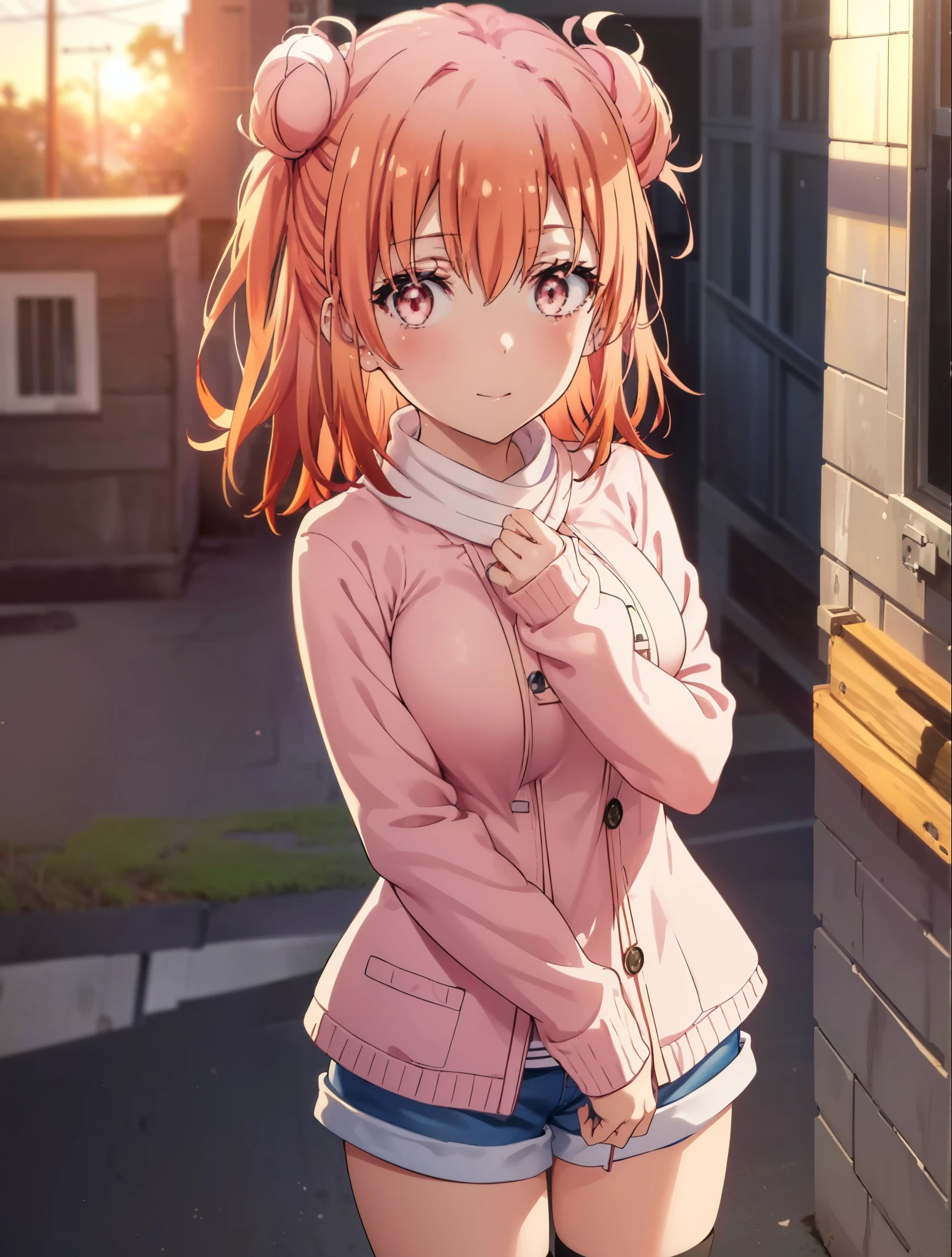 yuiyuigahama, yui yuigahama, long hair, (pink eyes:1.5), (orange hair:1.2), bun hair, single bun hair,blush, smile, (big breasts:1.2),red muffler,Pink long coat　Open the button,white sweater,shorts,black knee high socks,short boots,evening,sunset,
break outdoors,city,building street,
break looking at viewer,whole body,peek from above, (cowboy shot:1.5),
break (masterpiece:1.2), highest quality, High resolution, unity 8k wallpaper, (shape:0.8), (beautiful and detailed eyes:1.6), highly detailed face, perfect lighting, Very detailed CG, (perfect hands, perfect anatomy),