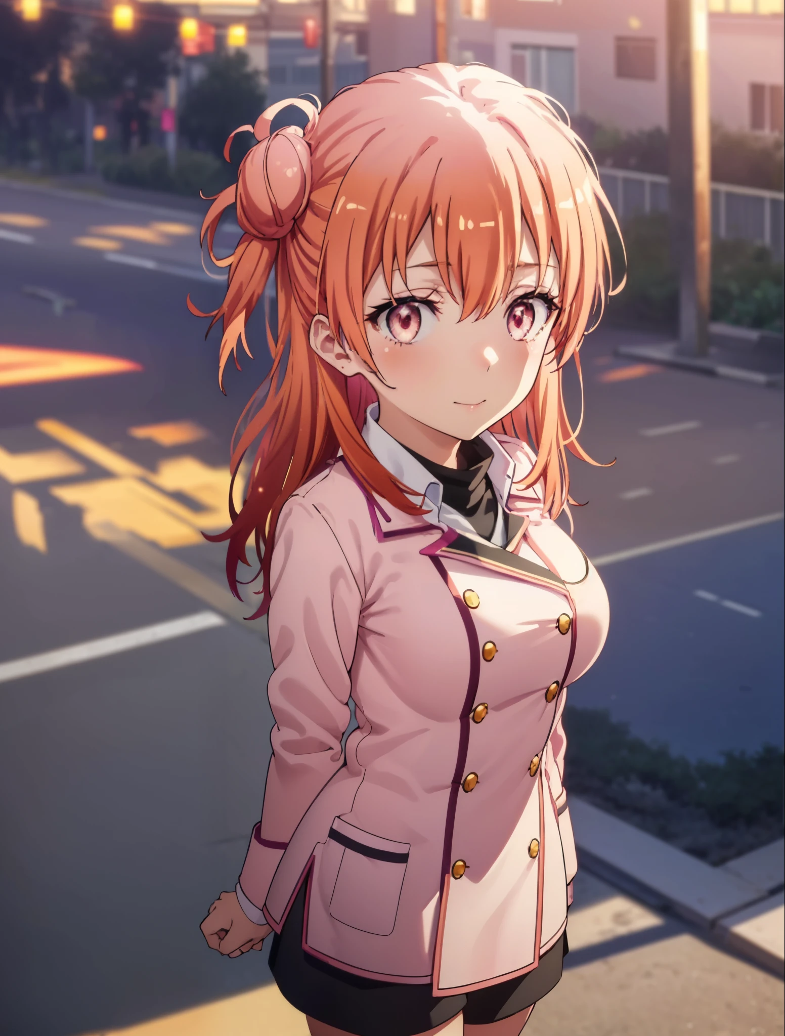 yuiyuigahama, yui yuigahama, long hair, (pink eyes:1.5), (orange hair:1.2), bun hair, single bun hair,blush, smile, (big breasts:1.2),red muffler,Pink long coat　Open the button,white sweater,shorts,black knee high socks,short boots,evening,sunset,
break outdoors,city,building street,
break looking at viewer,whole body,peek from above, (cowboy shot:1.5),
break (masterpiece:1.2), highest quality, High resolution, unity 8k wallpaper, (shape:0.8), (beautiful and detailed eyes:1.6), highly detailed face, perfect lighting, Very detailed CG, (perfect hands, perfect anatomy),