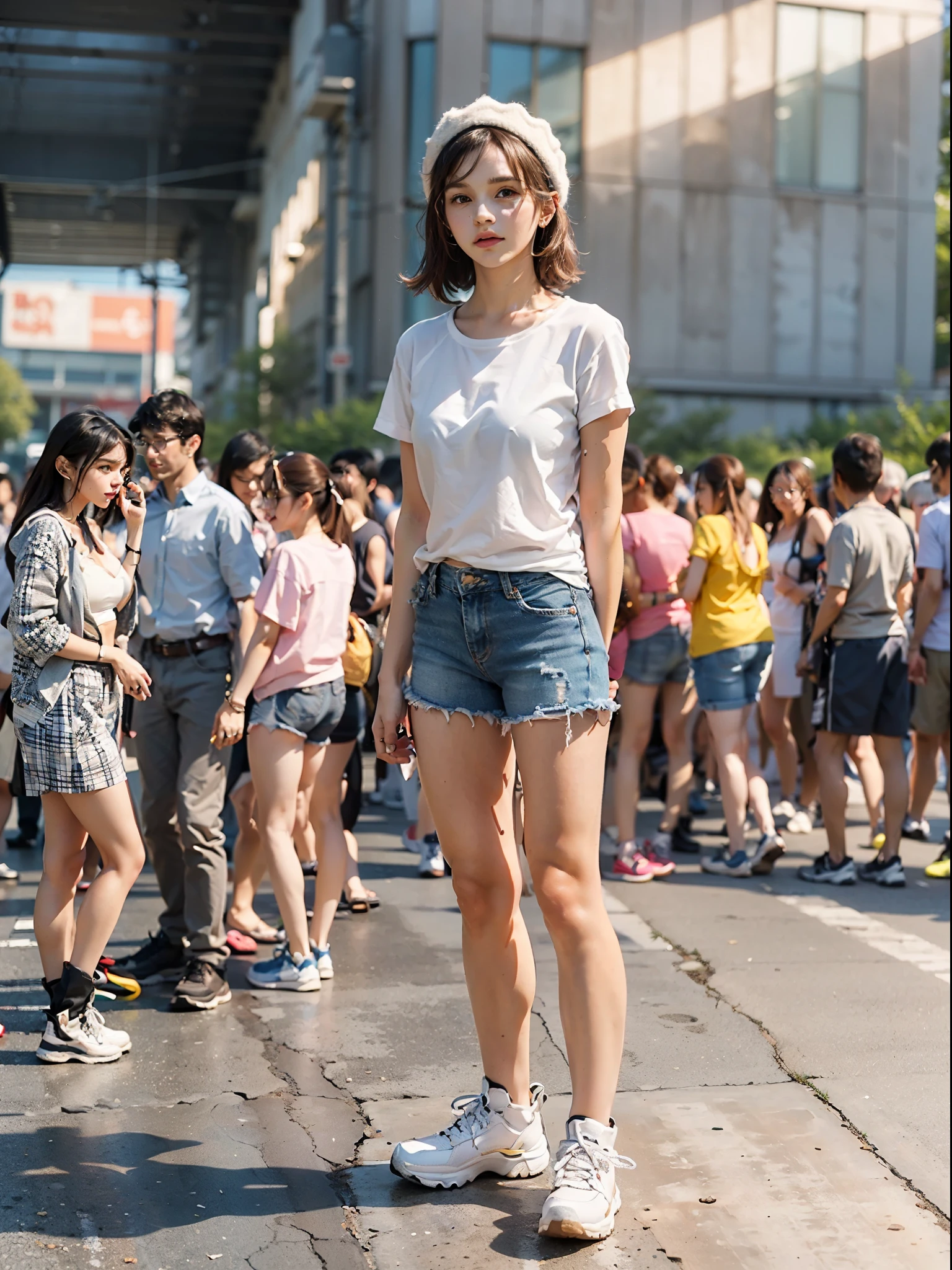 ((Small underhoulder length straight short hair: 1.2), （Extremely meticulous CG 8k wallpaper），（Extremely refined and beautiful），（Masterpiece）,((sharp_focus)),（best qualtiy：1.0），（Ultra High Resolution：1.0），beautiful light up，Perfect lightning，realistic shaded，[A high resolution]，Smooth and flawless fair skin，Extremely exquisite facial details，（perfect body：1.1），ultra - detailed，A beautiful girl，small head，(Small breasts:1.1)，Flat chests，slim，thin，Bandeau，（Light blue denim short skirt:1.1）,camel toe,(Black military boots:1.1)，early autumn，Dusk, sunset light，Standing at the school gate，Close Shot，Surrounded by a crowded crowd, (Emma_watson), full_body, 19 years old, tall, (smooth_abs:1.55), pretty, (long_skinny_legs), (skinny_waist), (((fair skin))), white skin, yellow/pink shorts, chestnut brown hair, looking at viewer, glasses, white knit hat, (sharp_focus:1.5)