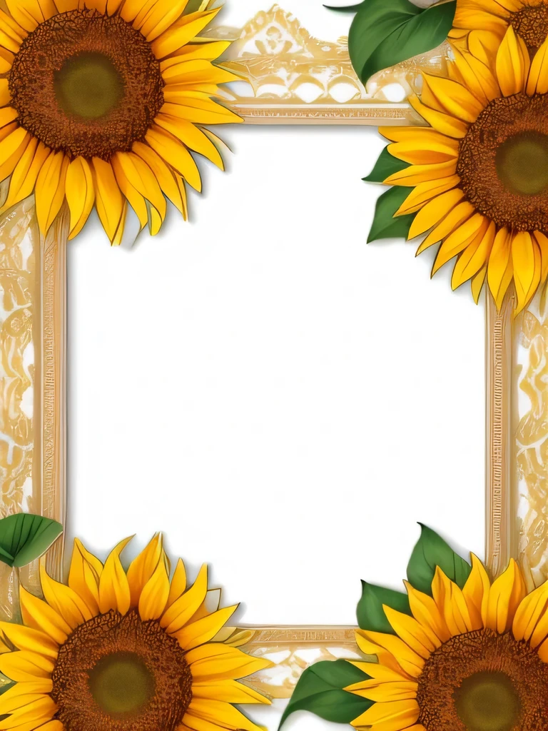 background white、(There are sunflowers on top、sunflower flowers below)、真ん中background white、Sunflower frame、An illustration、colored pencils、