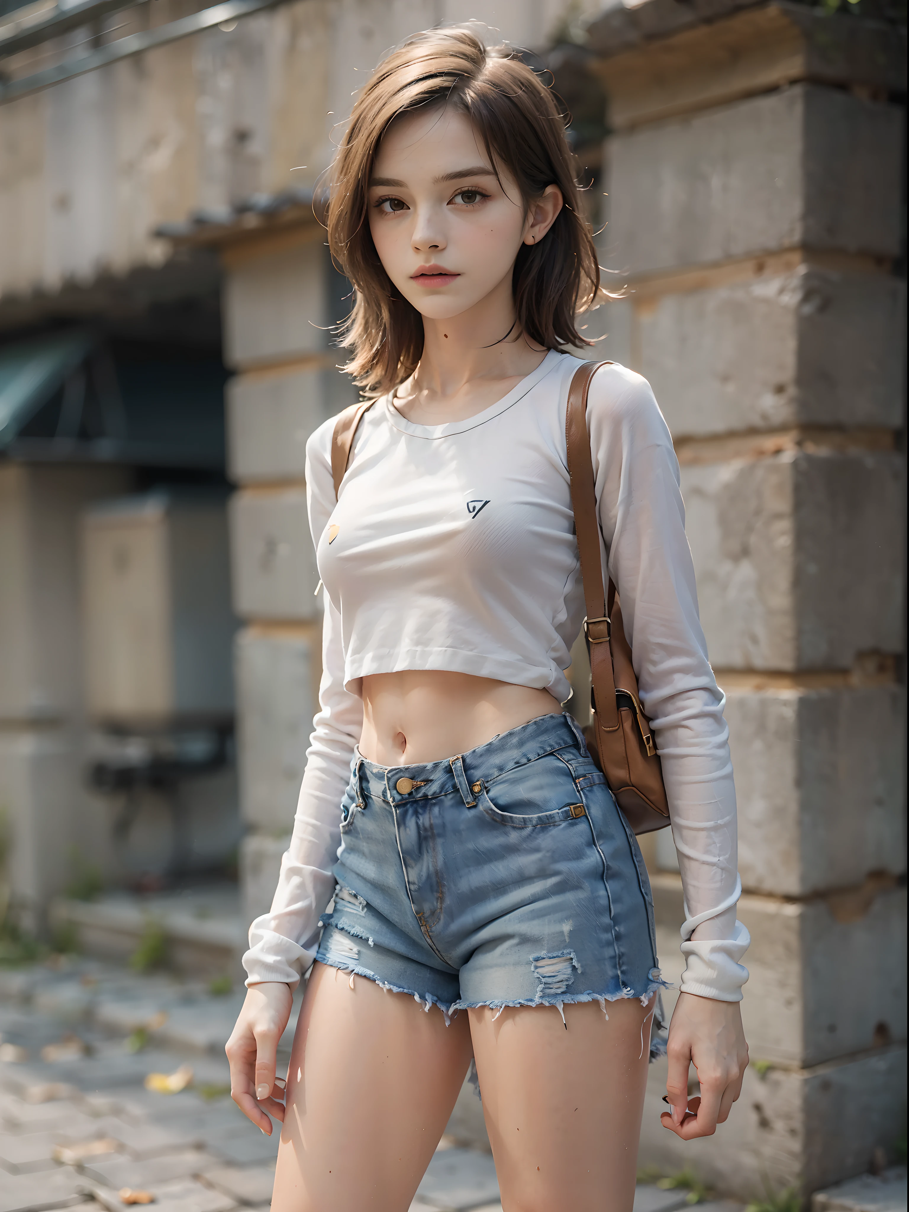 ((Small underhoulder length straight short hair: 1.2), （Extremely meticulous CG 8k wallpaper），（Extremely refined and beautiful），（Masterpiece）,((sharp_focus)),（best qualtiy：1.0），（Ultra High Resolution：1.0），beautiful light up，Perfect lightning，realistic shaded，[A high resolution]，Smooth and flawless fair skin，Extremely exquisite facial details，（perfect body：1.1），ultra - detailed，A beautiful girl，small head，(Small breasts:1.1)，Flat chests，slim，thin，Bandeau，（Light blue denim short skirt:1.1）,camel toe,(Black military boots:1.1)，early autumn，Dusk, sunset light，Standing at the school gate，Close Shot，Surrounded by a crowded crowd, (Emma_watson), full_body, 19 years old, tall, (smooth_abs:1.55), pretty, (long_skinny_legs), (skinny_waist), (((fair skin))), white skin, yellow/pink shorts, chestnut brown hair, looking at viewer, glasses, white knit hat, (sharp_focus:1.5)