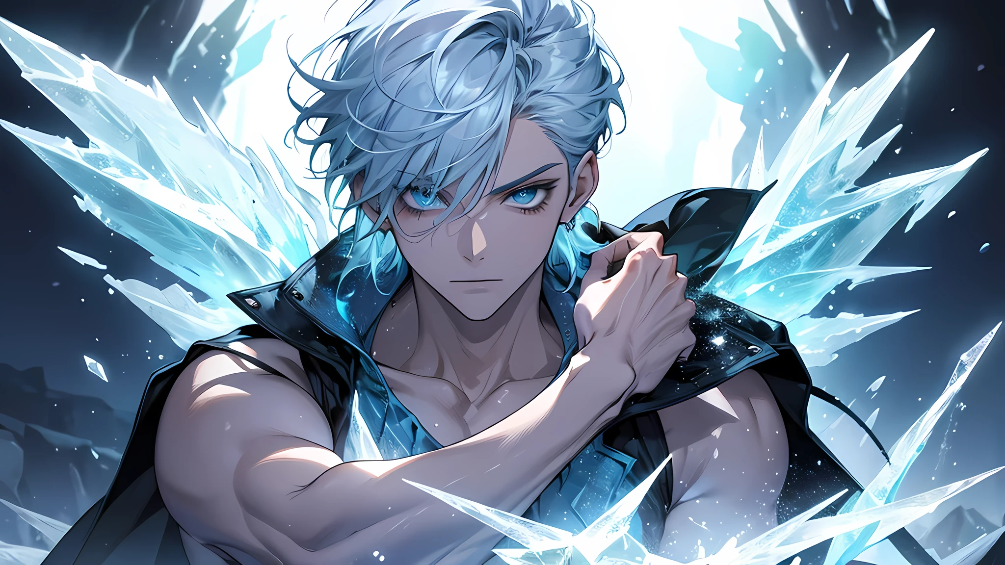 A magician, (loose dress: 1.5), (perfect facial features: 1.4), (blue silk robe), (mysterious magic formation: 1.2), ((ice dragon)), ung man, short white hair (ice crystal scales), blue light, (frost wings), powerful ice magic, icicles, towering into the clouds, blue cold light, ice storm, cold wind, flying ice and snow, spectacular effects, best quality, masterpiece, super high resolution, fine details, complex details, 8K resolution, 8KUCG wallpaper, HDR, aqua blue, magic array, cinematic lighting, chiaroscuro, Ice explosion with level 5 ice attribute, the monster screams so loud after getting the impact. As if exploding, a ball of ice burst out of my hand and devoured Trevion magic
