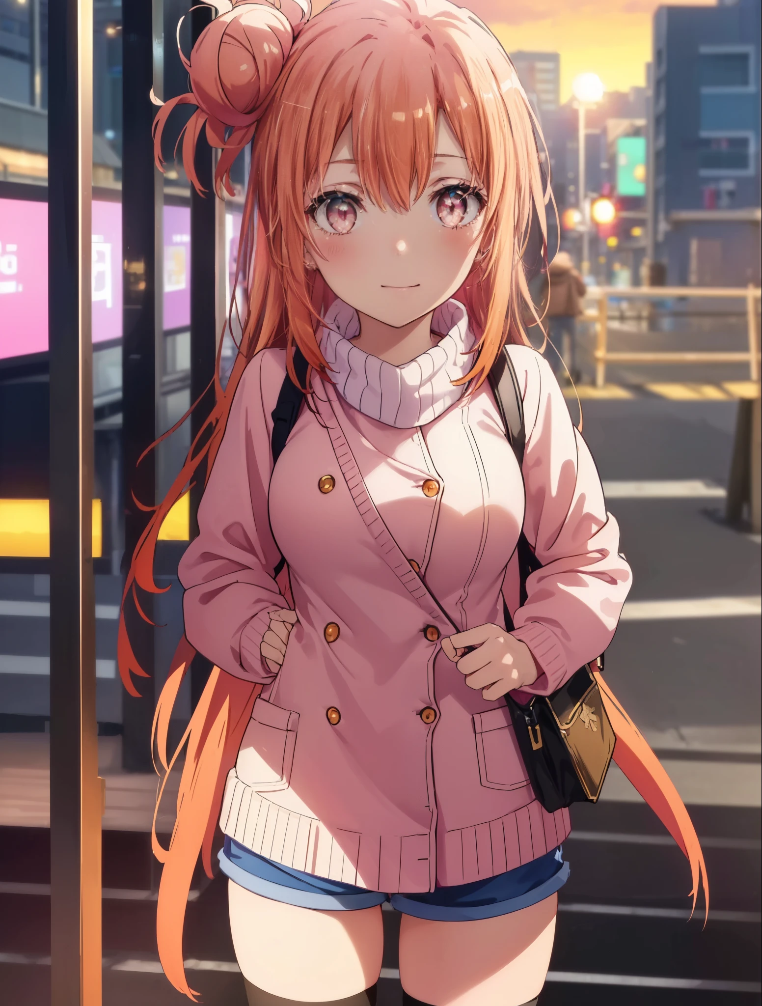 yuiyuigahama, yui yuigahama, long hair, (pink eyes:1.5), (orange hair:1.2), bun hair, single bun hair,blush, smile, (big breasts:1.2),red muffler,Pink long coat Open the button,white sweater,shorts,black knee high socks,short boots,evening,sunset,
break outdoors,city,building street,
break looking at viewer,whole body,peek from above, (cowboy shot:1.5),
break (masterpiece:1.2), highest quality, High resolution, unity 8k wallpaper, (shape:0.8), (beautiful and detailed eyes:1.6), highly detailed face, perfect lighting, Very detailed CG, (perfect hands, perfect anatomy),