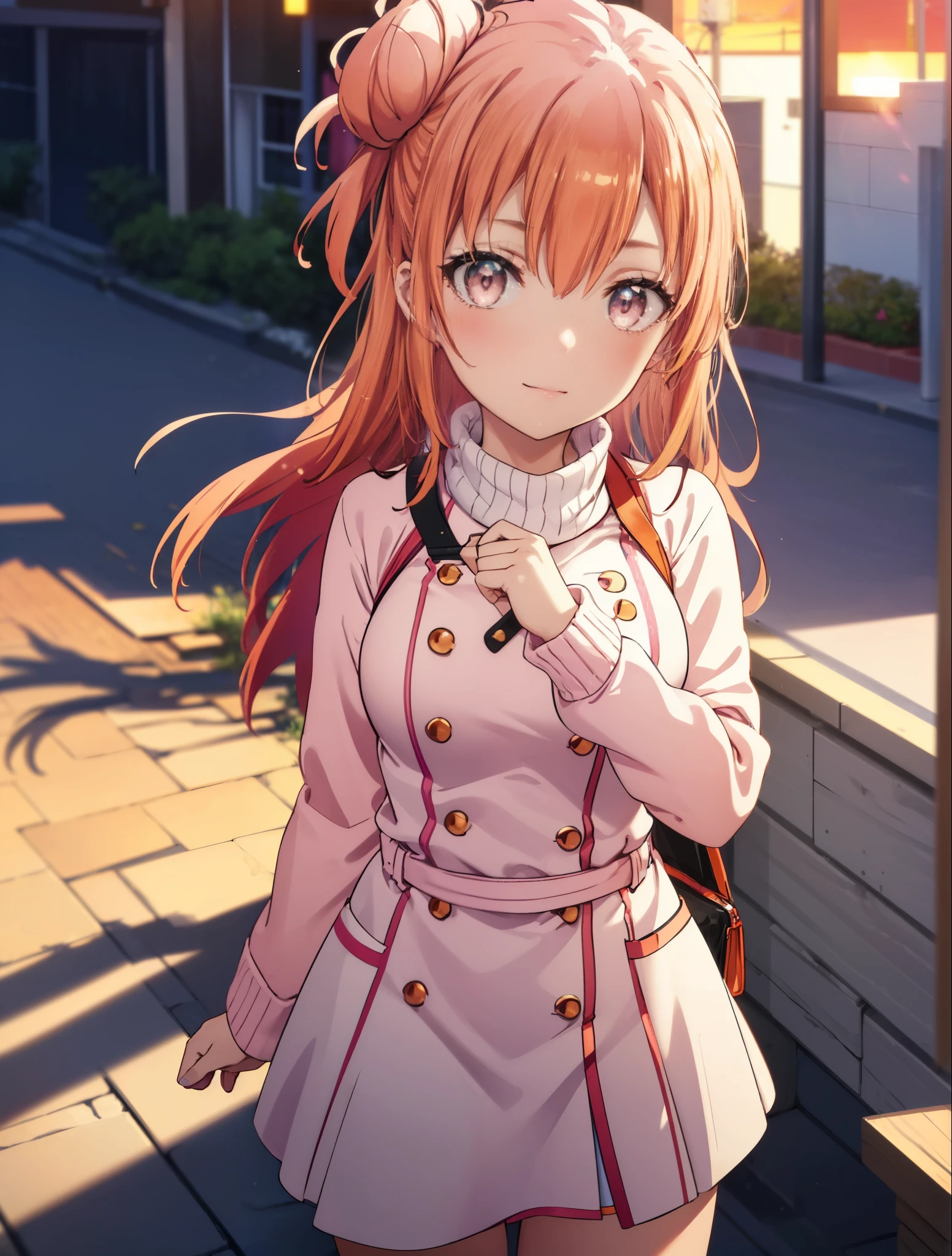 yuiyuigahama, yui yuigahama, long hair, (pink eyes:1.5), (orange hair:1.2), bun hair, single bun hair,blush, smile, (big breasts:1.2),red muffler,Pink long coat　Open the button,white sweater,shorts,black knee high socks,short boots,evening,sunset,
break outdoors,city,building street,
break looking at viewer,whole body,peek from above, (cowboy shot:1.5),
break (masterpiece:1.2), highest quality, High resolution, unity 8k wallpaper, (shape:0.8), (beautiful and detailed eyes:1.6), highly detailed face, perfect lighting, Very detailed CG, (perfect hands, perfect anatomy),