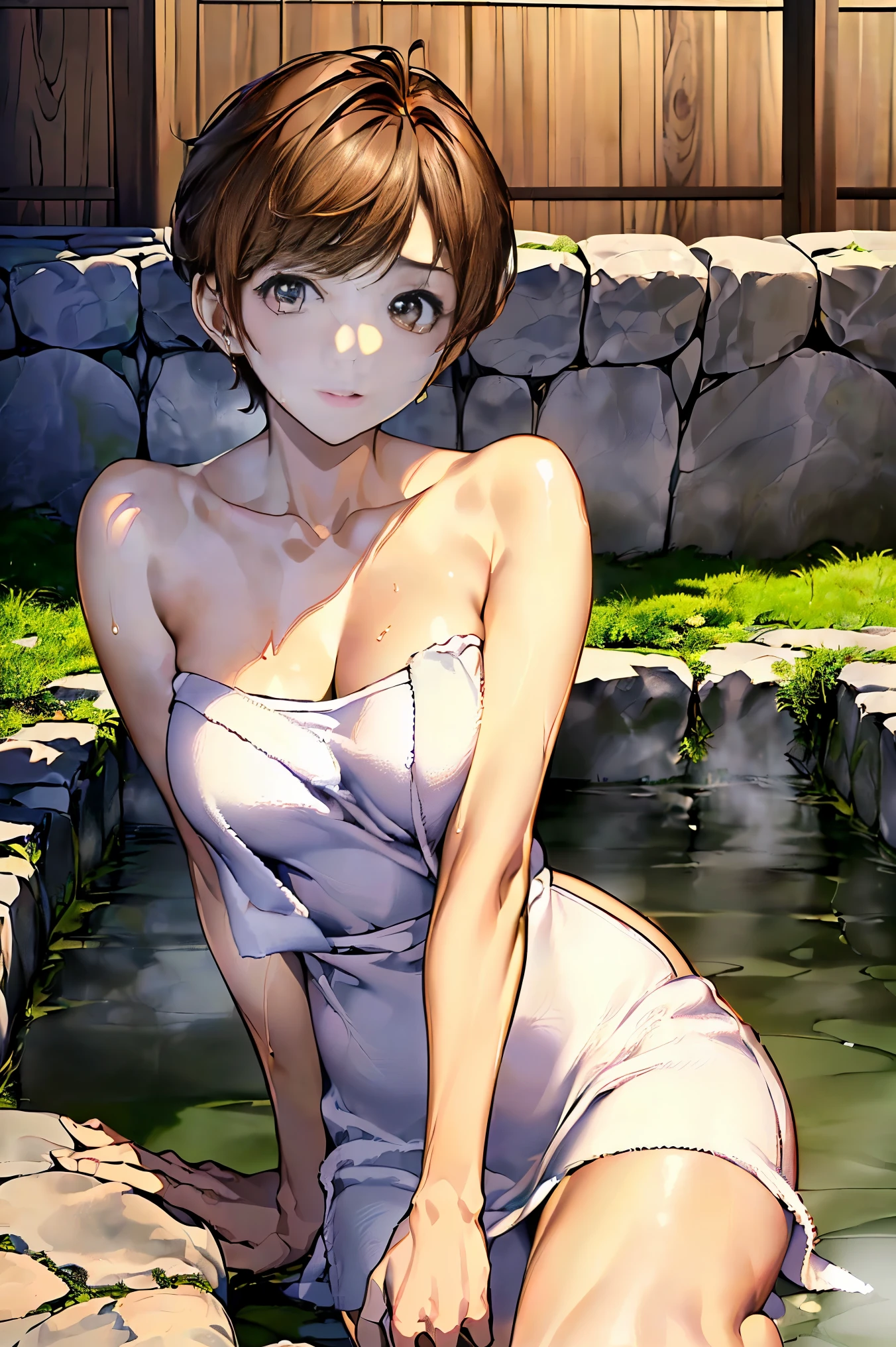 ((highest quality、8K、masterpiece:1.3)), (short hair, beautiful hairstyle, brown hair:1.5)、(open-air bath:1.2), (Soak in a hot spring:1.3), clear, fine-textured skin、beautiful clear eyes、cleavage、((attractive appearance))、(thin waist:1.3)、(Dynamic and seductive poses:1.5), ((wrap a towel around your body, wet body)), (Kamimei), earrings, ((4-division composition:1.6))