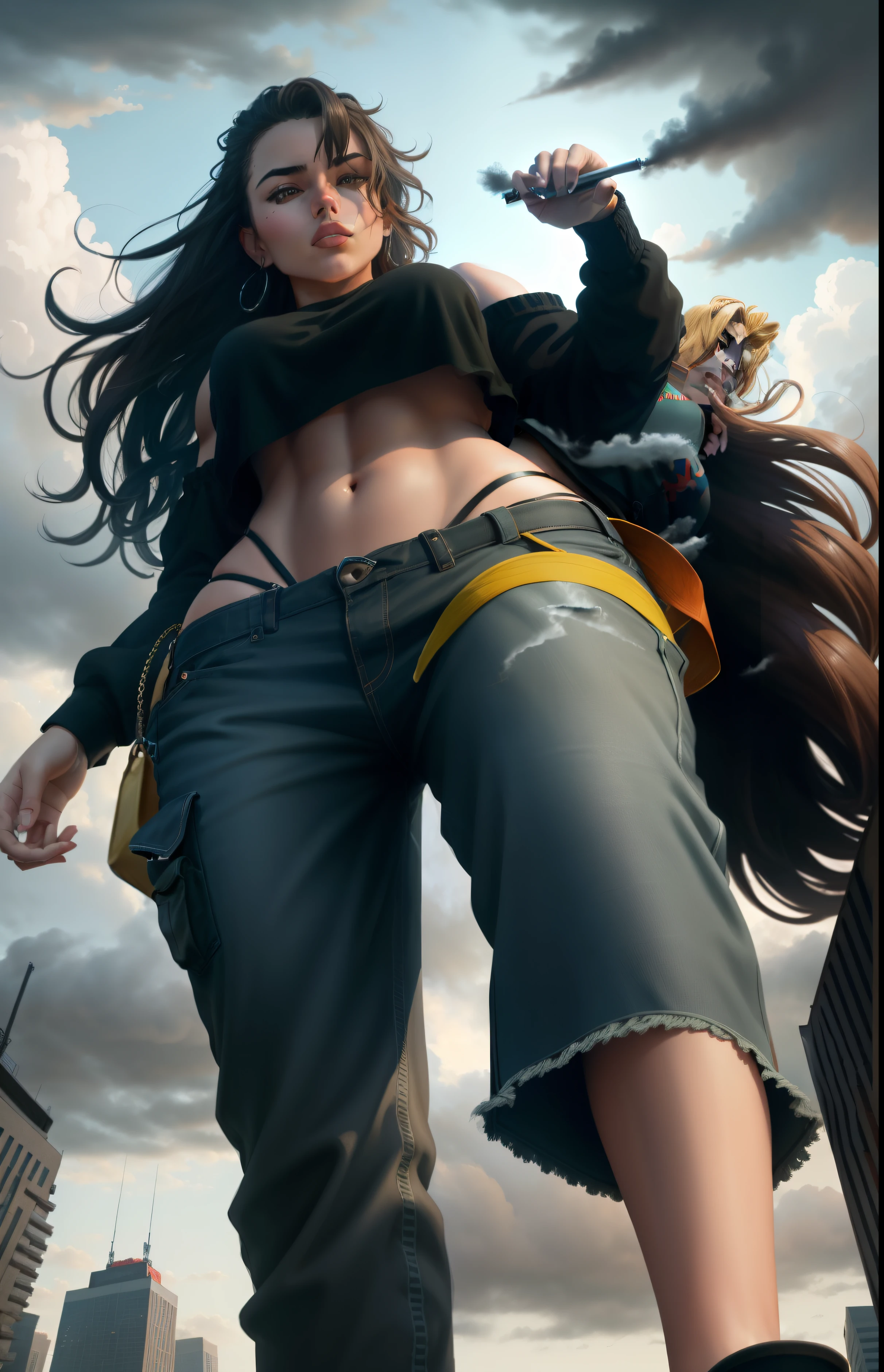 "The towering Giantess in a cool, relaxed hippie style is rocking a crop top and slacks.. Her toned and athletic figure spoke of her enormous strength.. She appears to be strolling through the bustling cityscape of GTS City., As the buildings towered overhead. Smoke and clouds surround her., It adds to the sense of epic scale and drama.. dark light, gloomy, and realistic, It creates a tense and ominous atmosphere.. The view is from below., Emphasizes the greatness and power of the Giantess.."