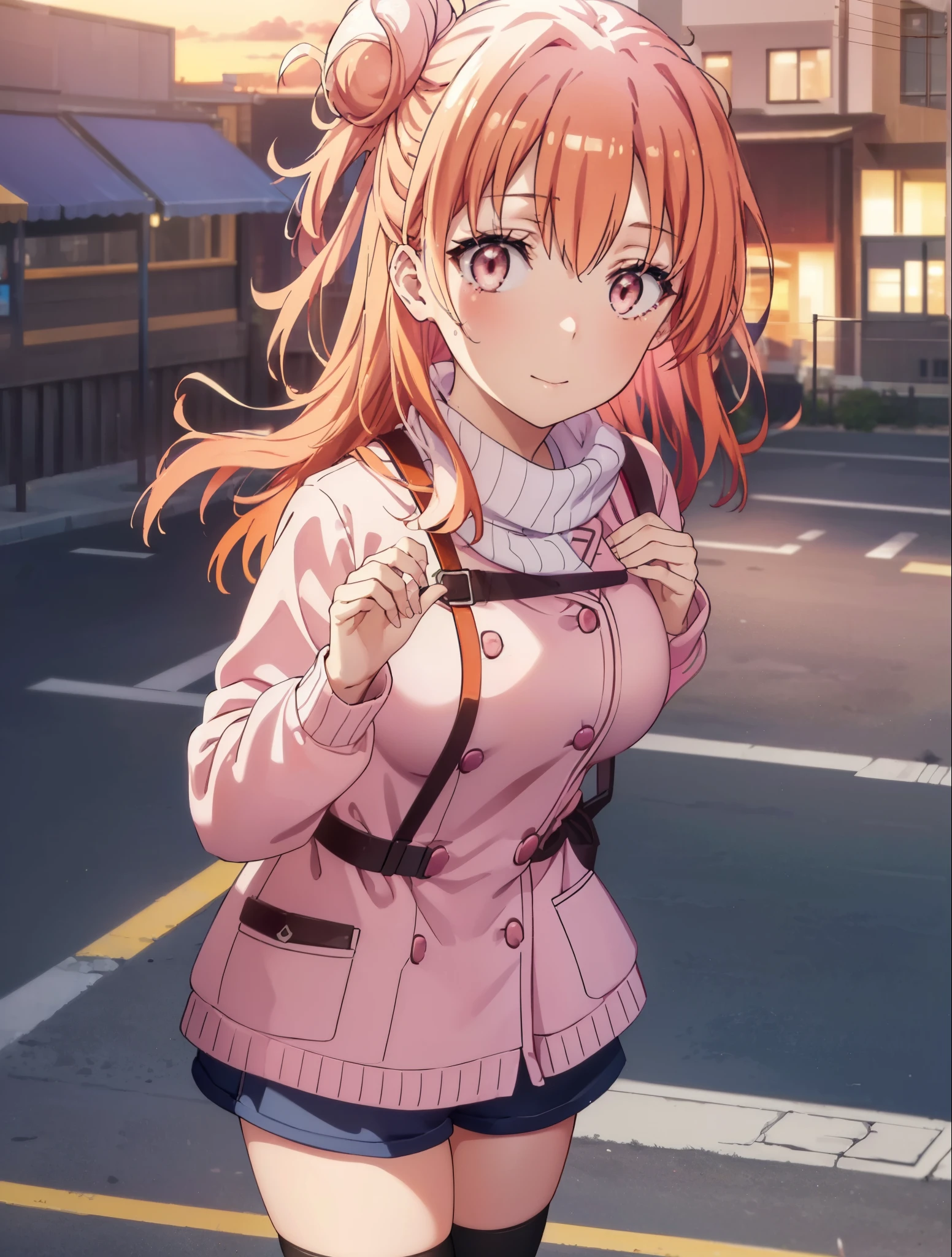 yuiyuigahama, yui yuigahama, long hair, (pink eyes:1.5), (orange hair:1.2), bun hair, single bun hair,blush, smile, (big breasts:1.2),red muffler,Pink long coat Open the button,white sweater,shorts,black knee high socks,short boots,evening,sunset,
break outdoors,city,building street,
break looking at viewer,whole body,peek from above, (cowboy shot:1.5),
break (masterpiece:1.2), highest quality, High resolution, unity 8k wallpaper, (shape:0.8), (beautiful and detailed eyes:1.6), highly detailed face, perfect lighting, Very detailed CG, (perfect hands, perfect anatomy),