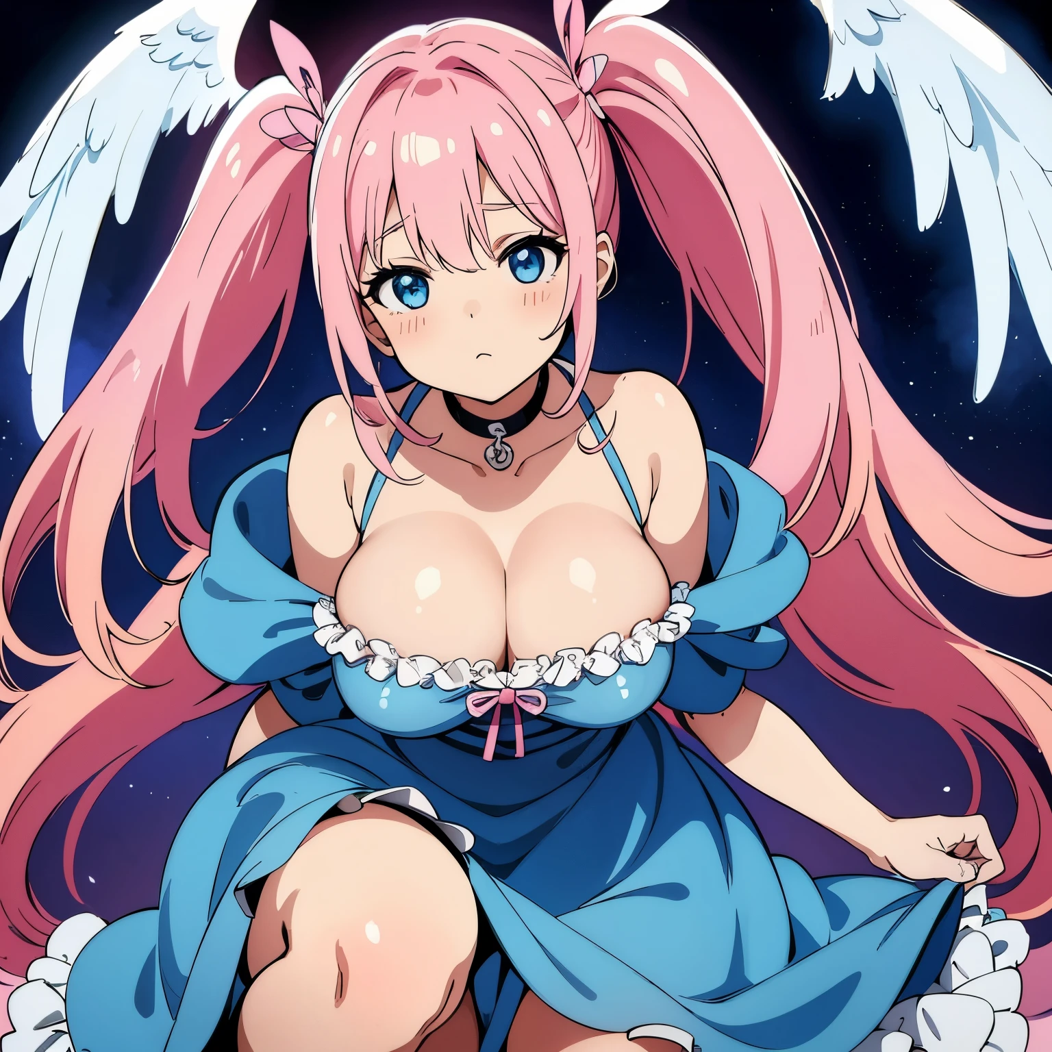 pink hair、twin tails、angel wings and rings、blue dress、girl、cute、big breasts、Inside the toy store、Walking happily、shopping